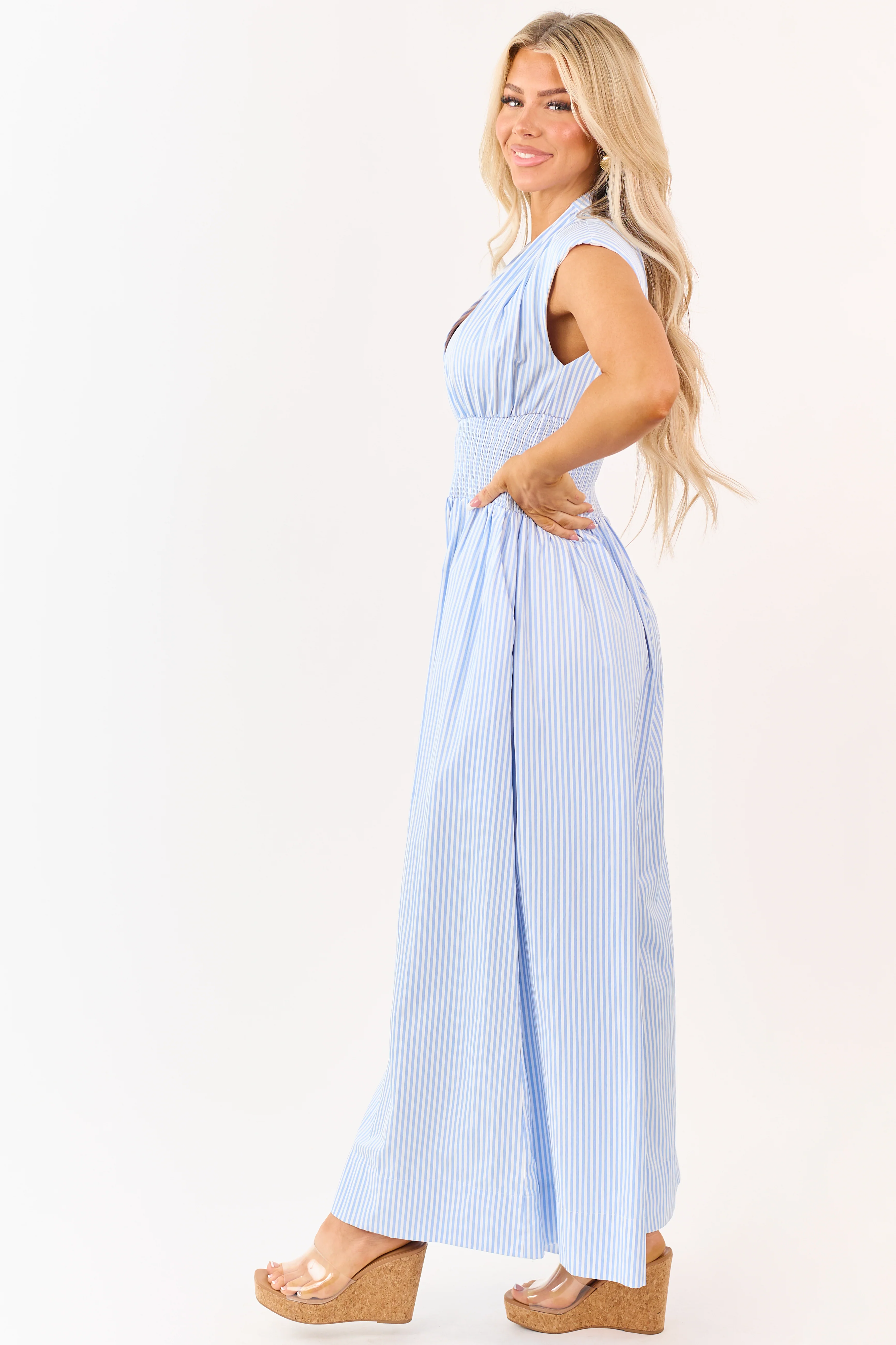 Powder Blue and White Striped Smocked Waist Jumpsuit - Image 4
