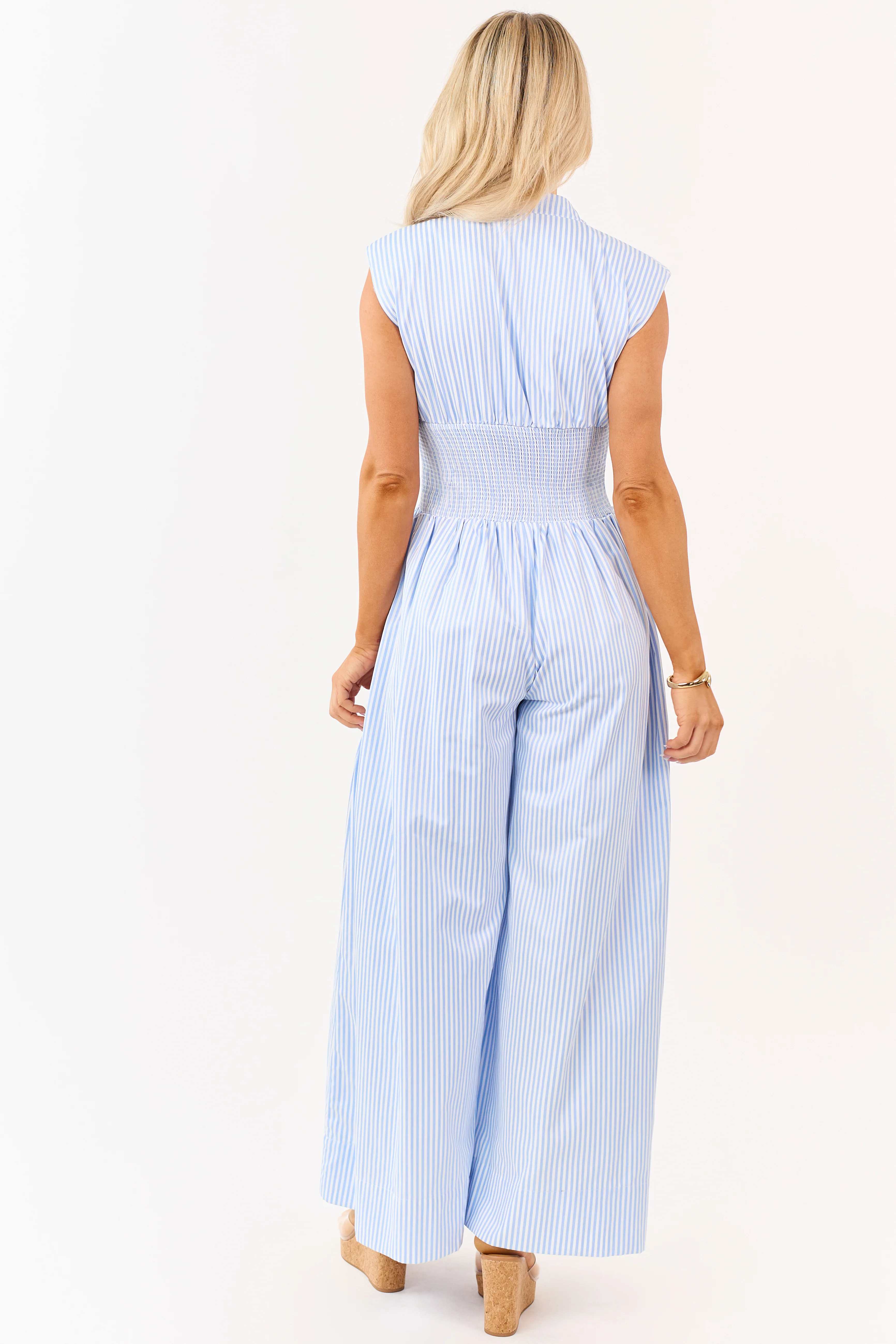 Powder Blue and White Striped Smocked Waist Jumpsuit - Image 5