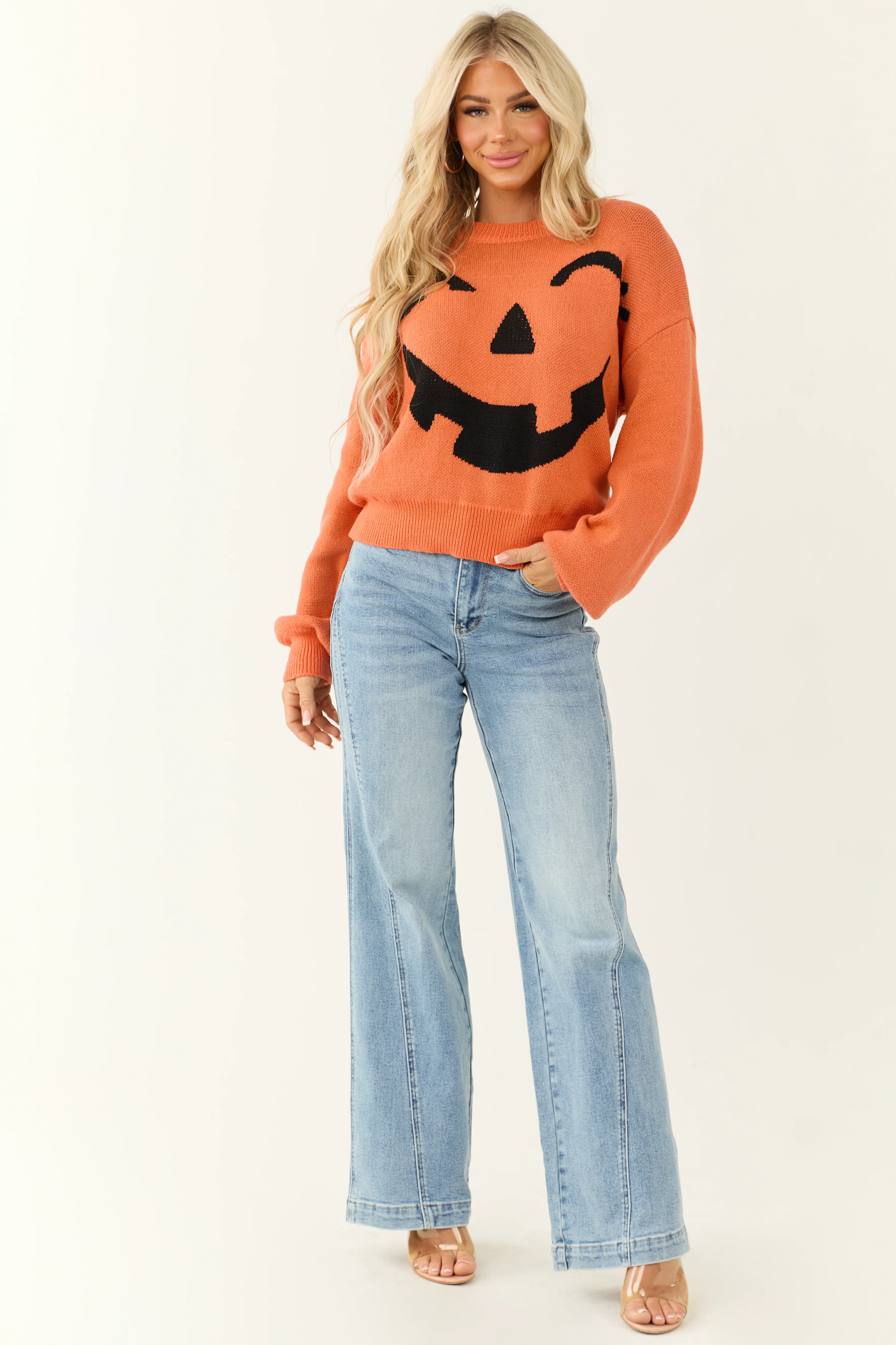 Pumpkin and Black Graphic Long Sleeve Sweater - Image 2