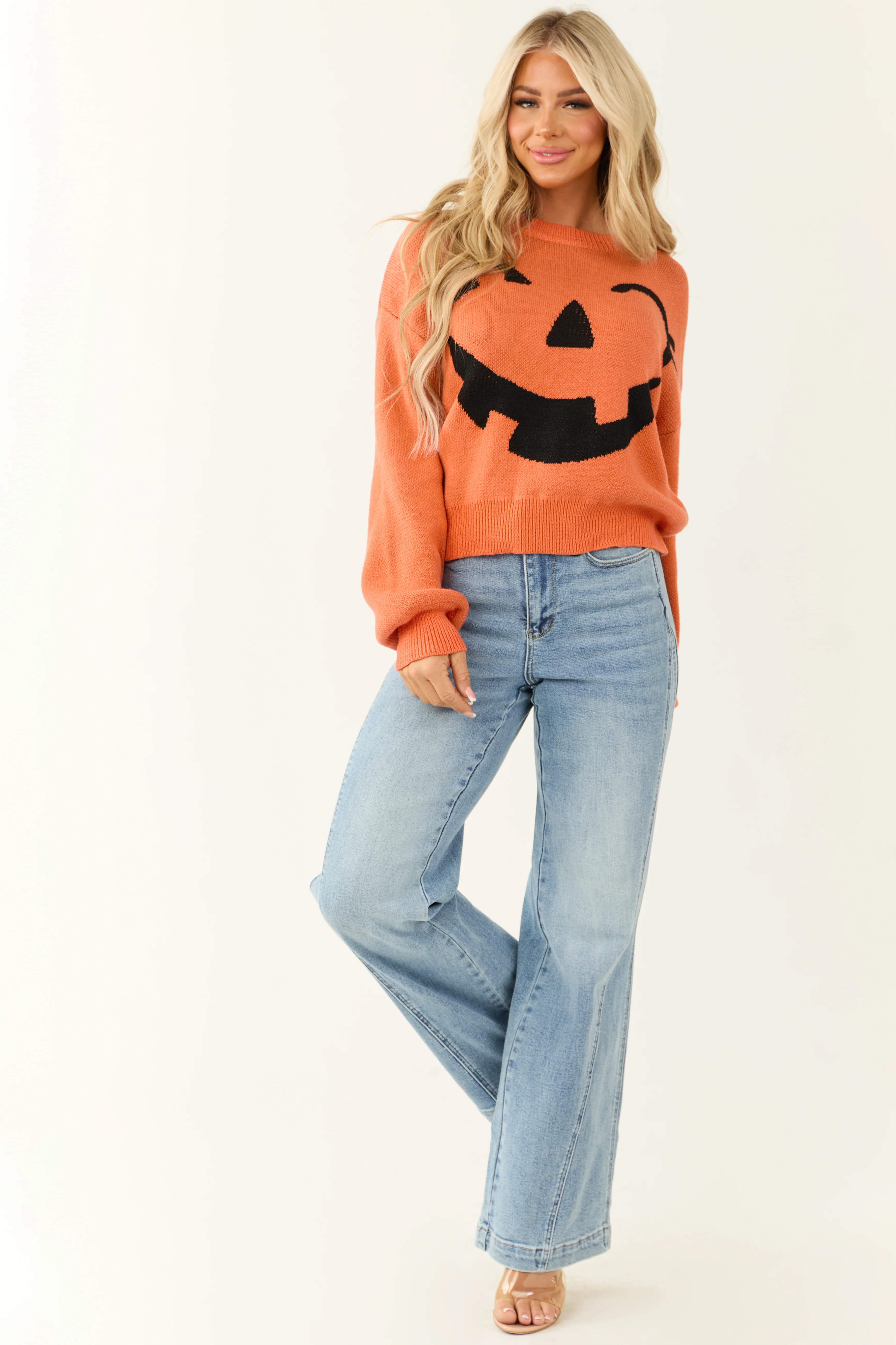 Pumpkin and Black Graphic Long Sleeve Sweater - Image 3