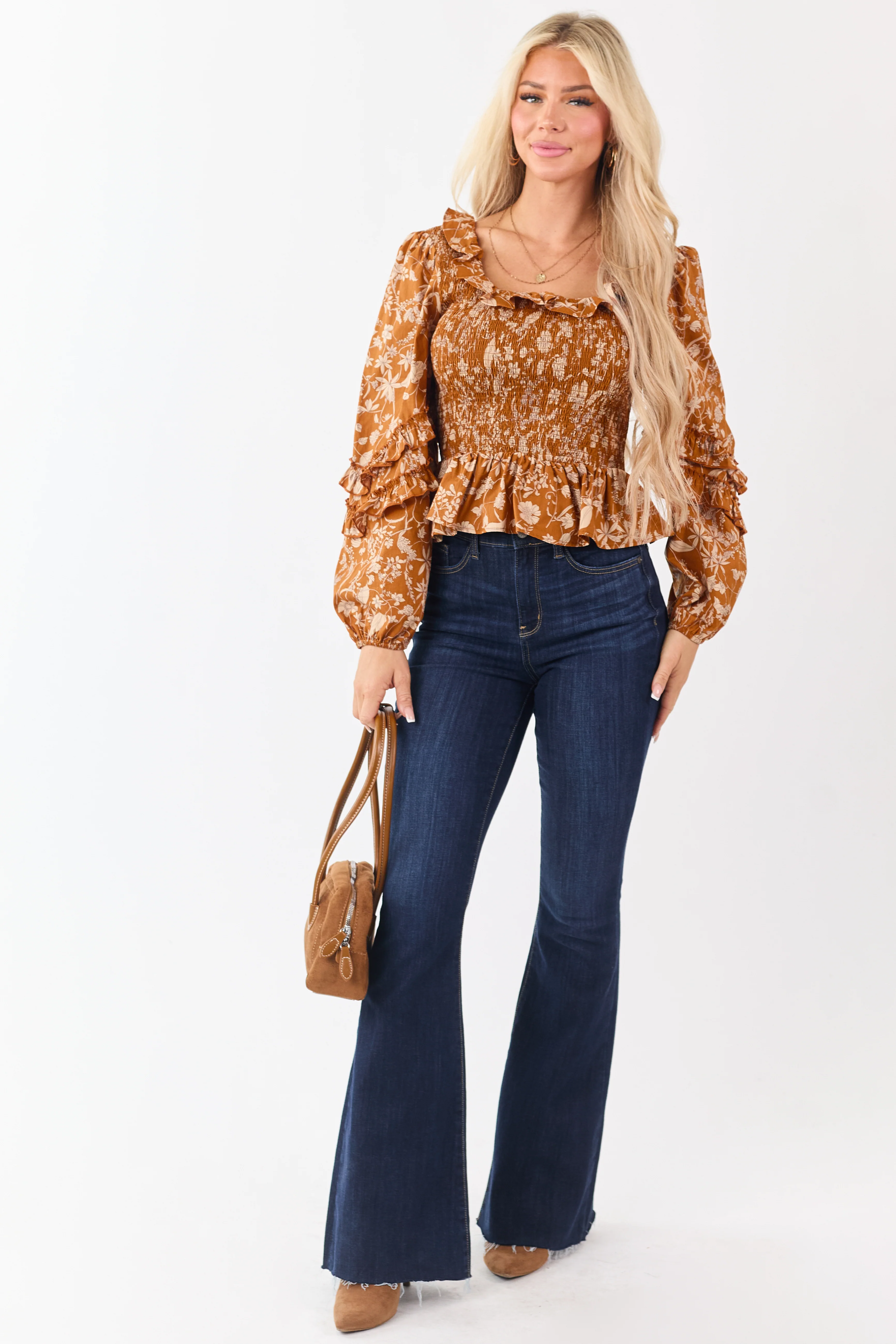 Pumpkin Spice Floral Smocked Peplum Cotton Blouse - Image 2