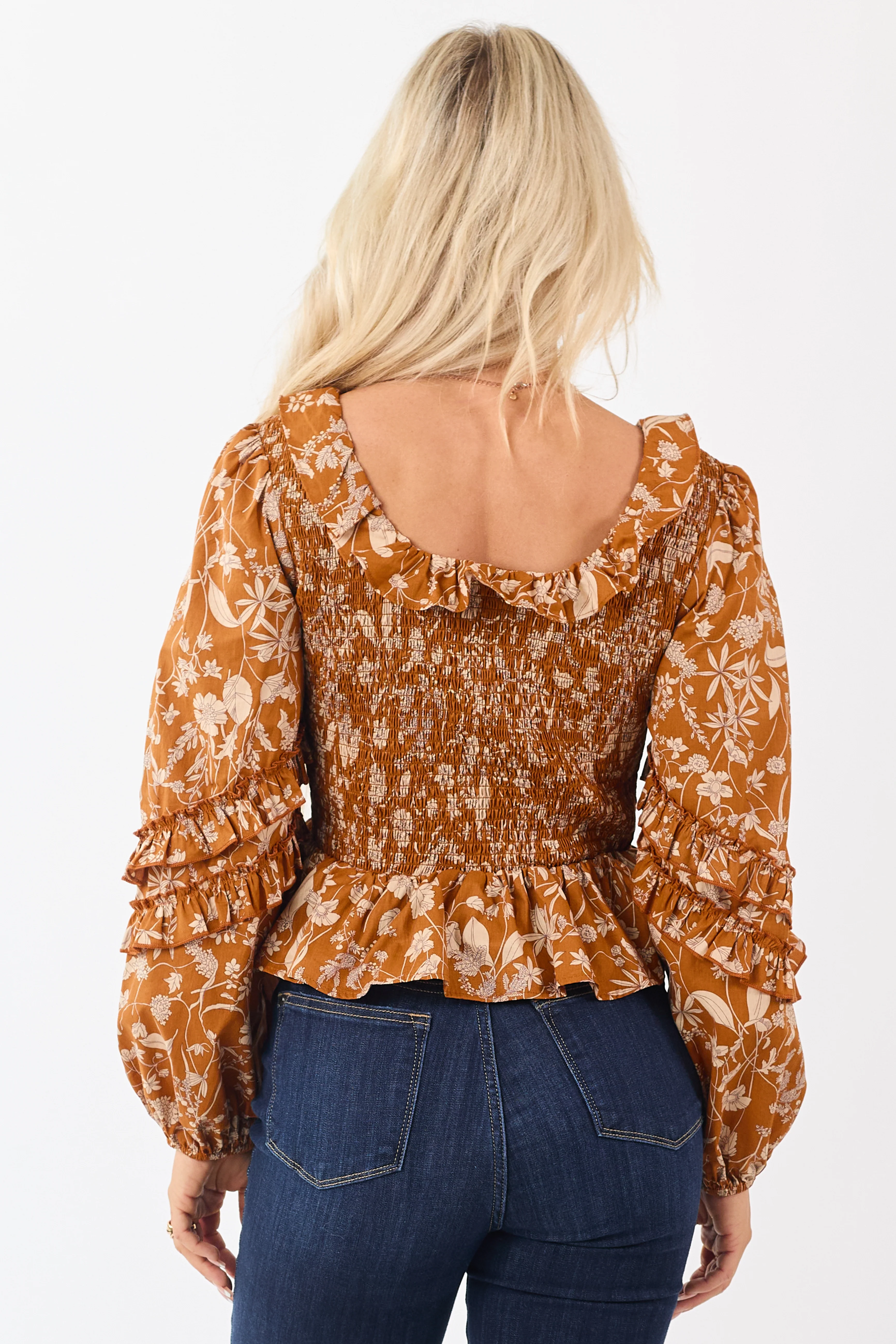 Pumpkin Spice Floral Smocked Peplum Cotton Blouse - Image 5