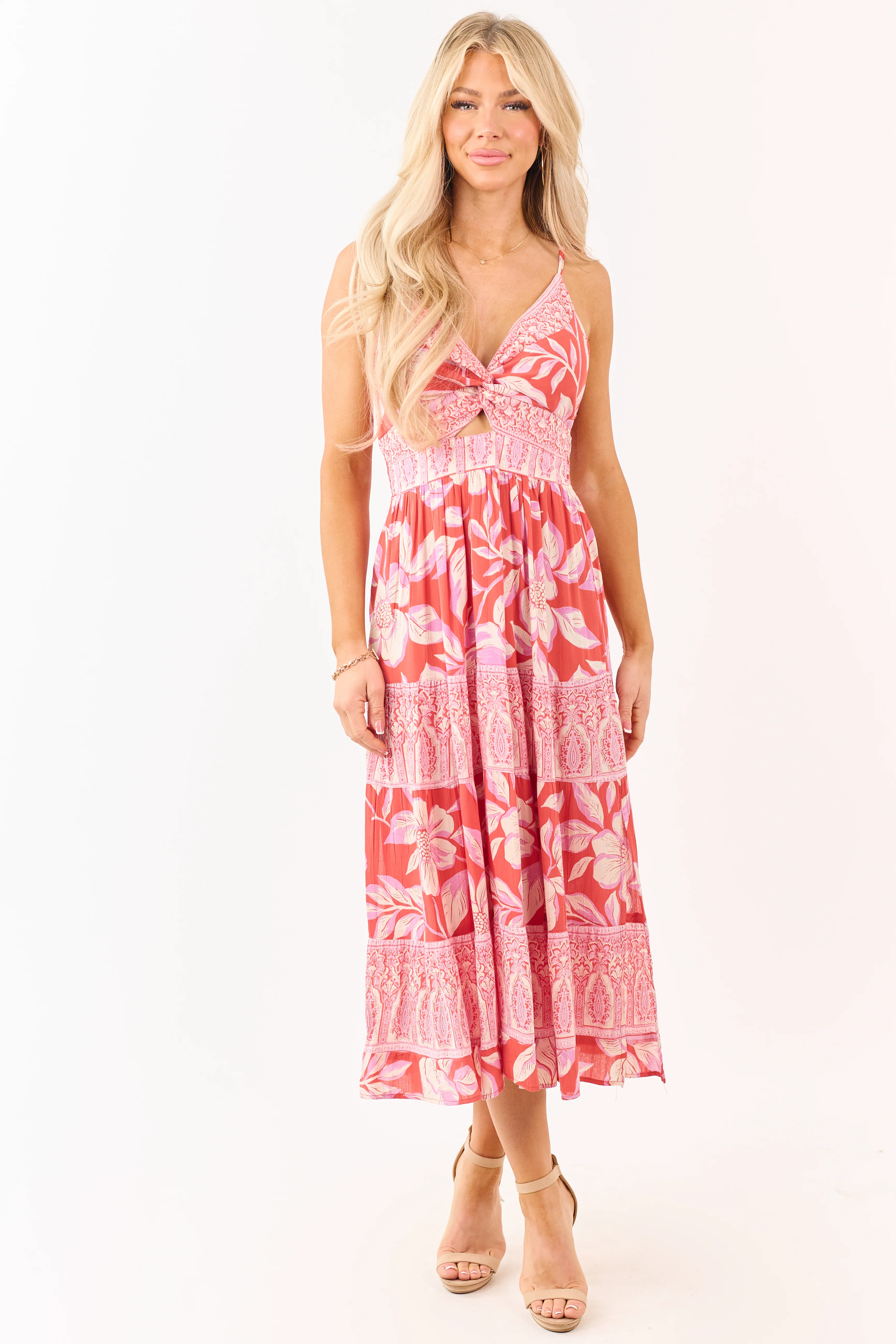Punch Floral Print Front Twist Tiered Maxi Dress