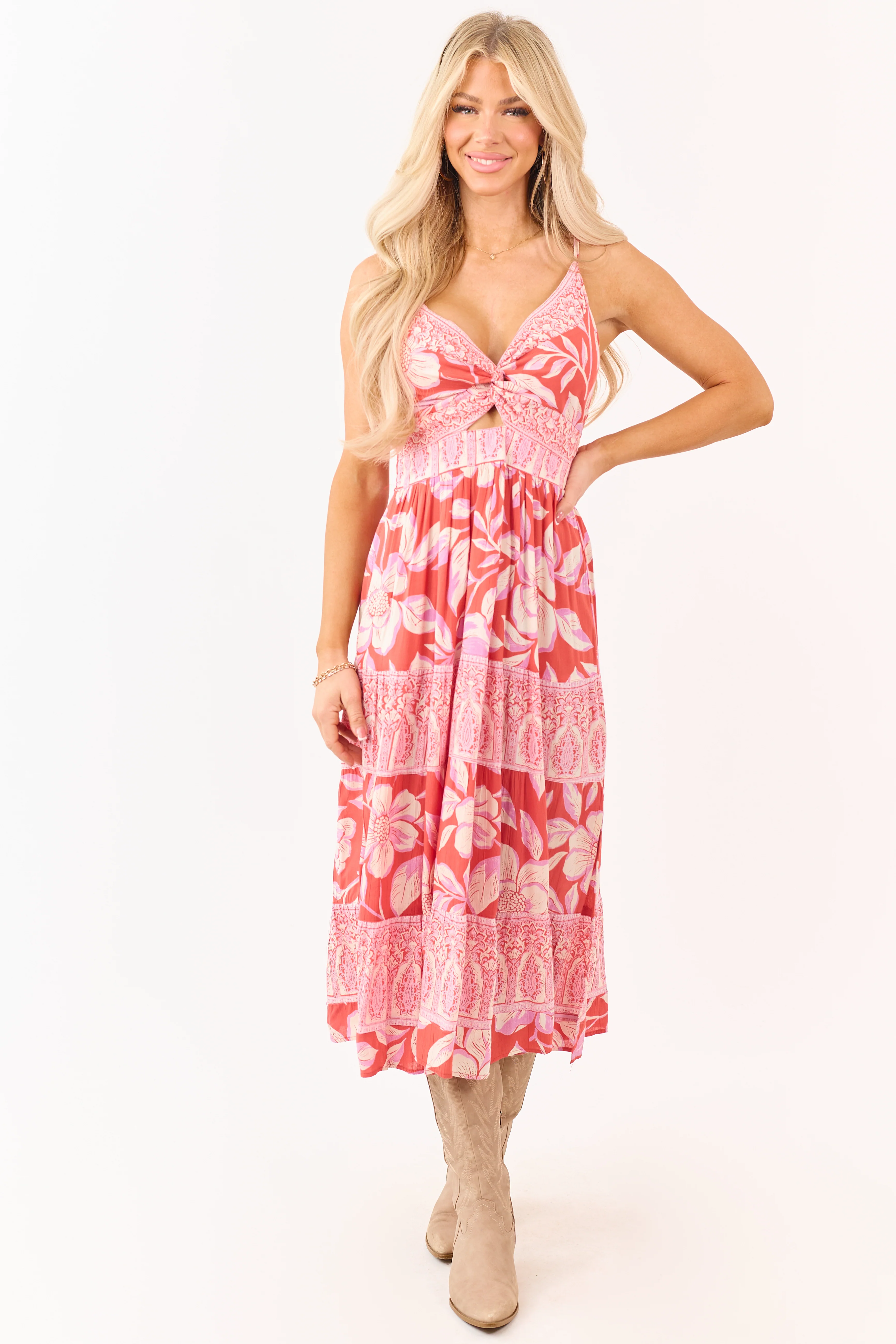 Punch Floral Print Front Twist Tiered Maxi Dress - Image 4