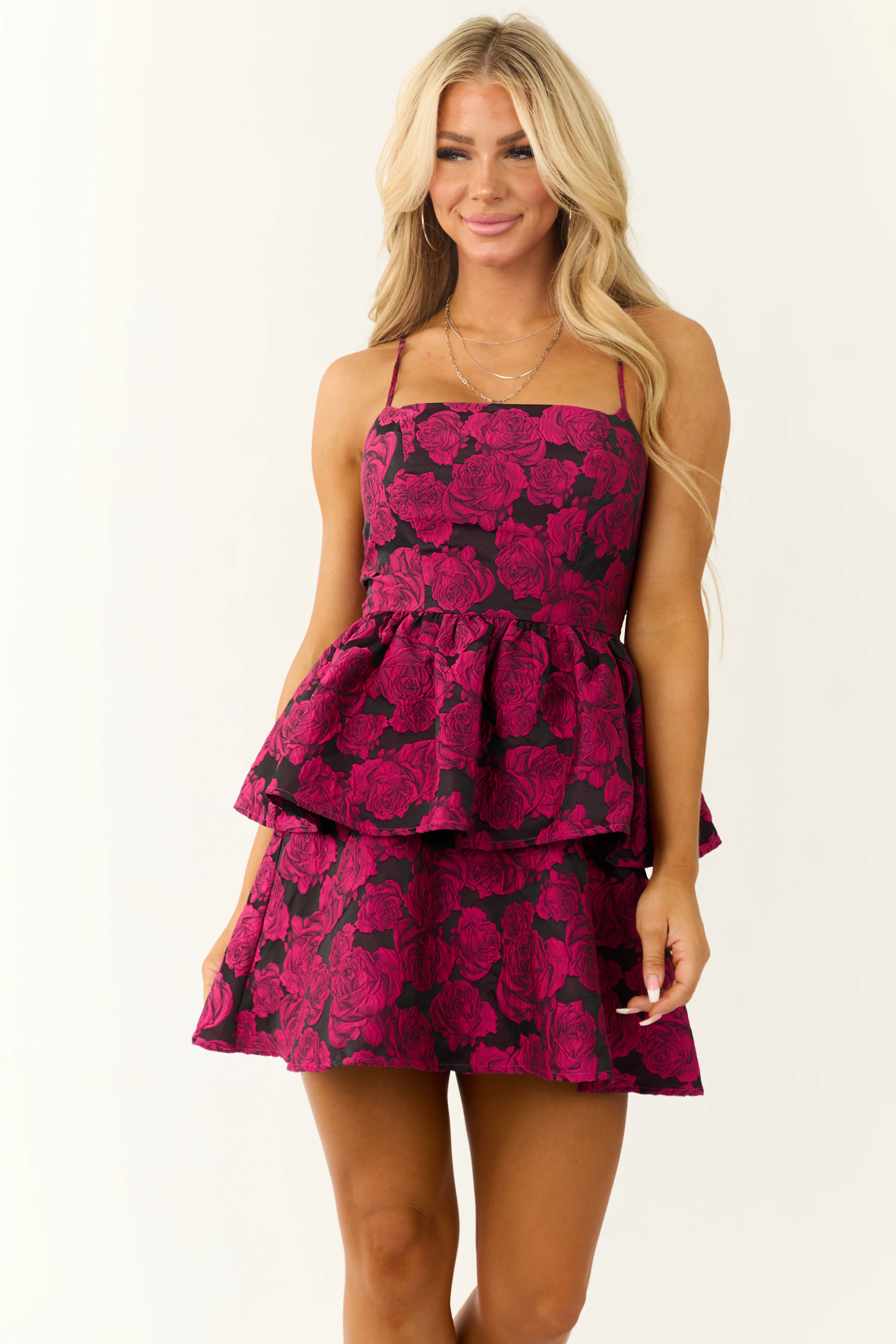 Raspberry and Black Floral Print Mini Dress - Image 4