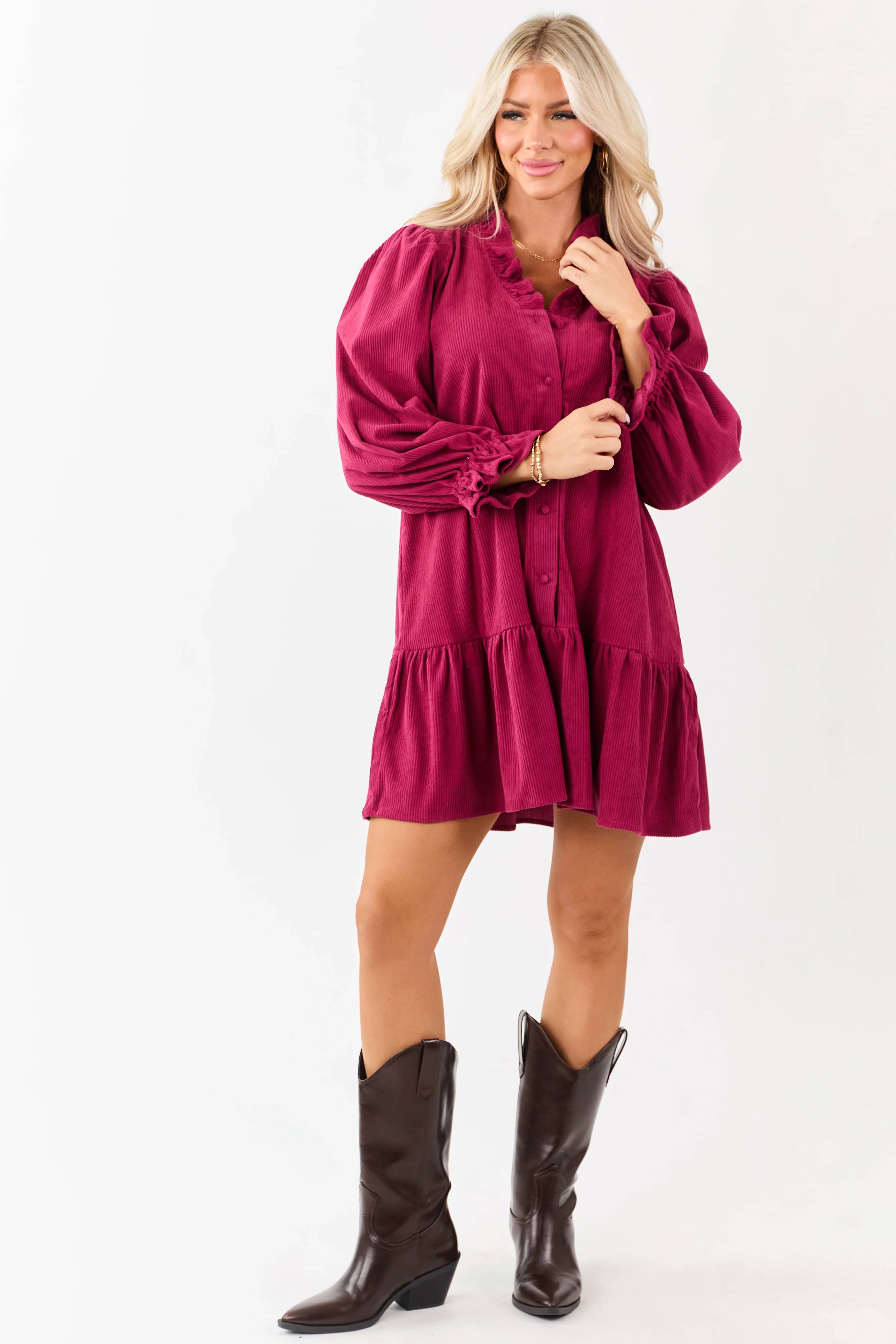 Raspberry Corduroy Button Down Ruffle Mini Dress - Image 3