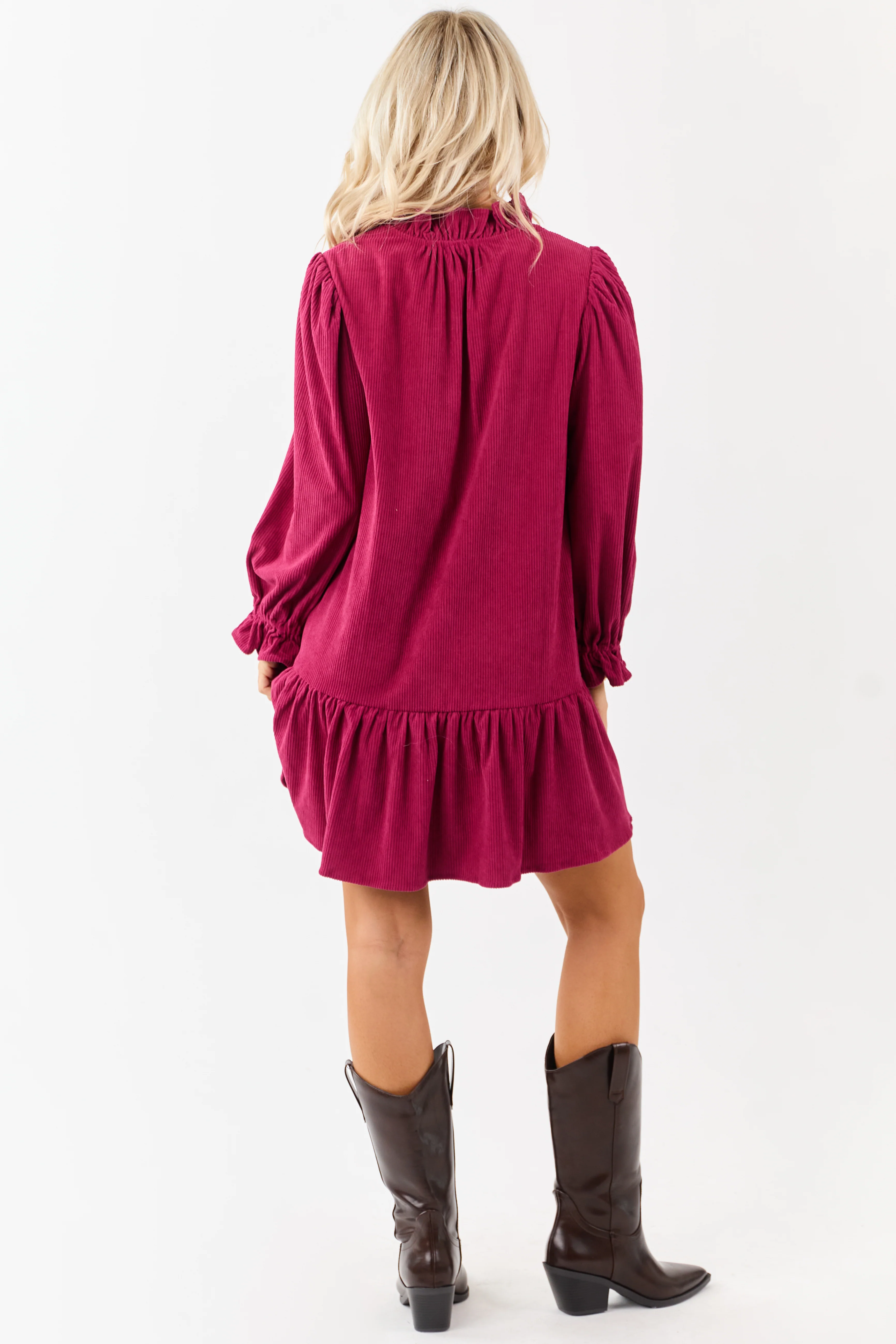 Raspberry Corduroy Button Down Ruffle Mini Dress - Image 5