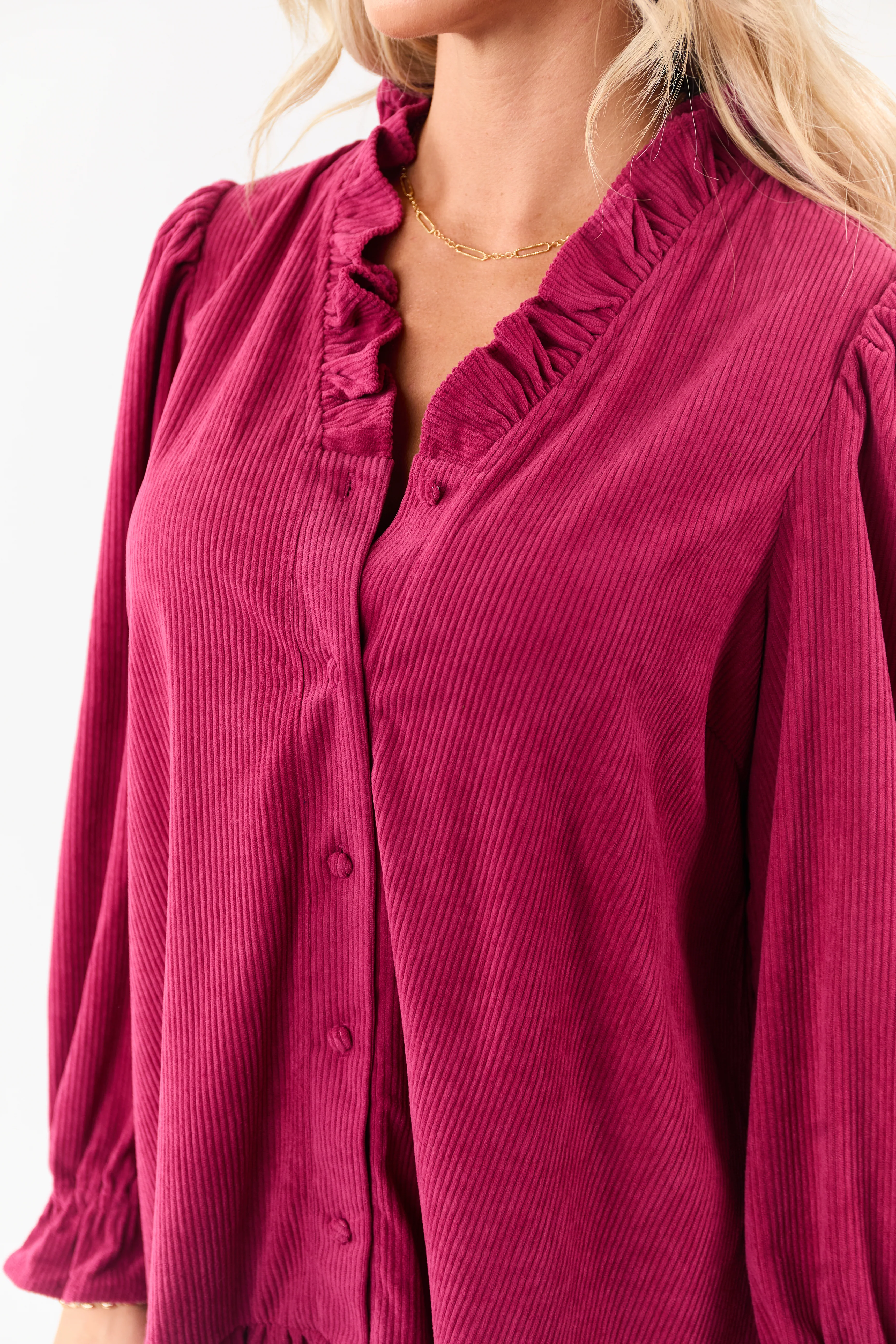 Raspberry Corduroy Button Down Ruffle Mini Dress - Image 6