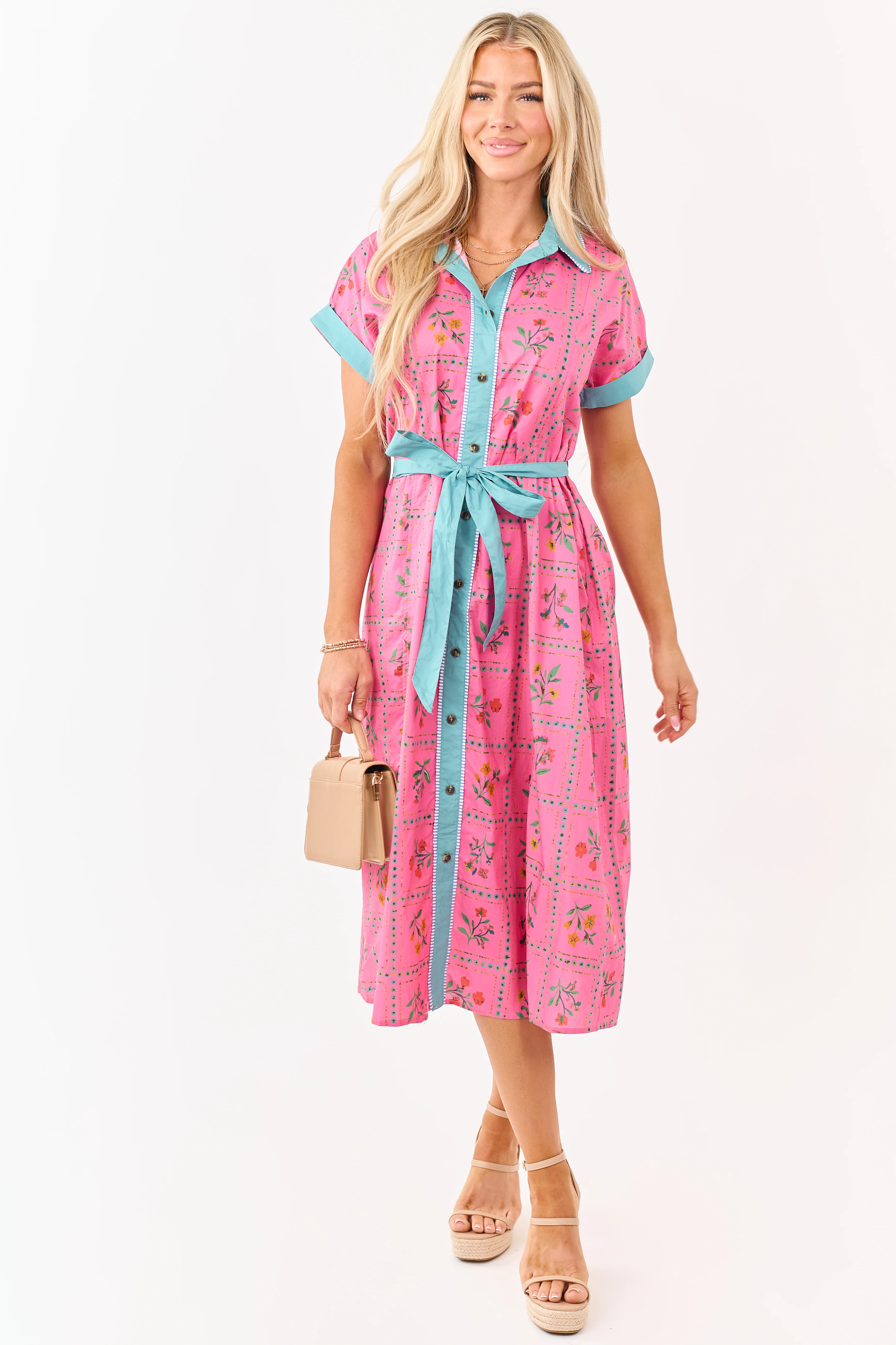 Raspberry Cotton Floral Faux Button Down Midi Dress
