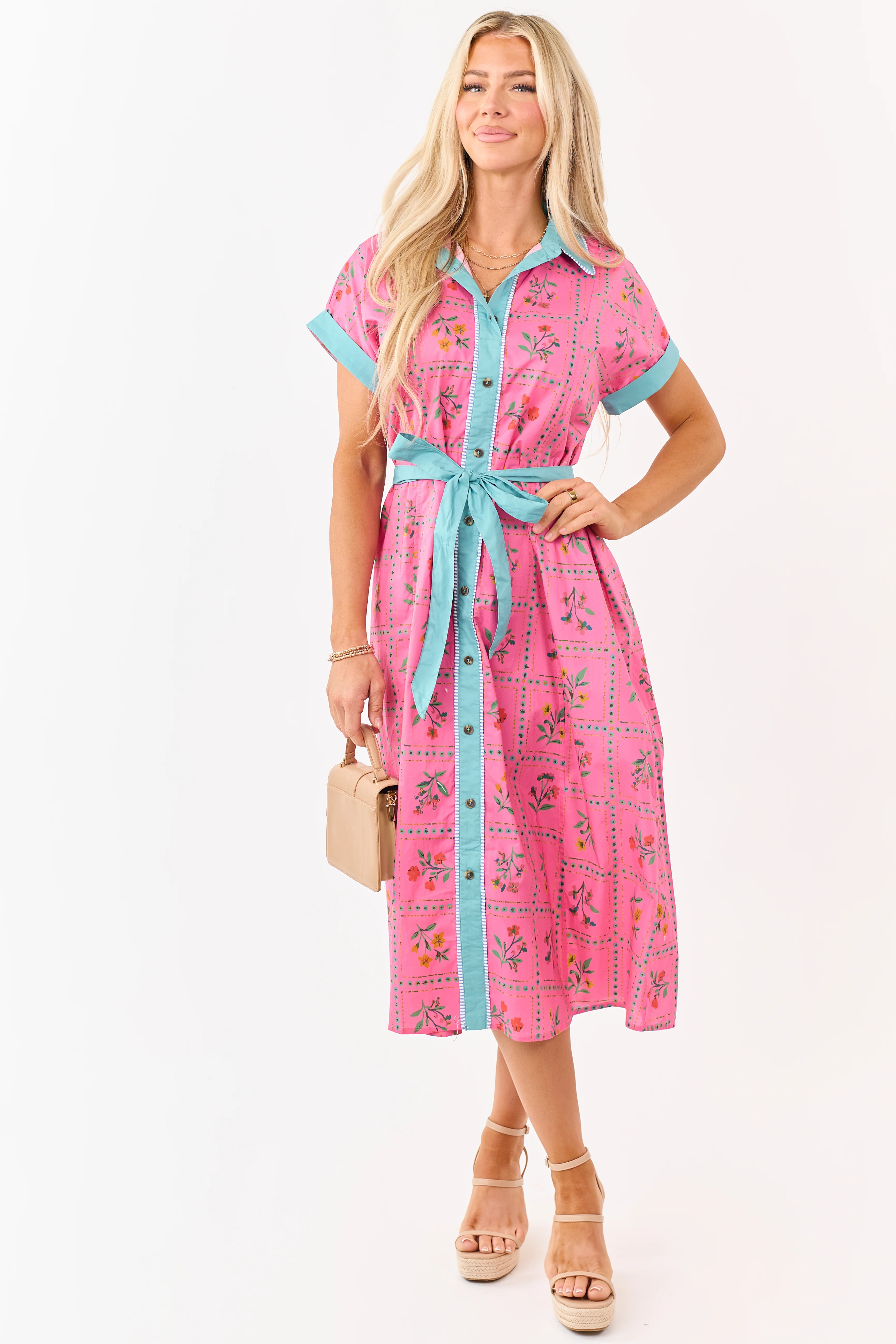 Raspberry Cotton Floral Faux Button Down Midi Dress - Image 2