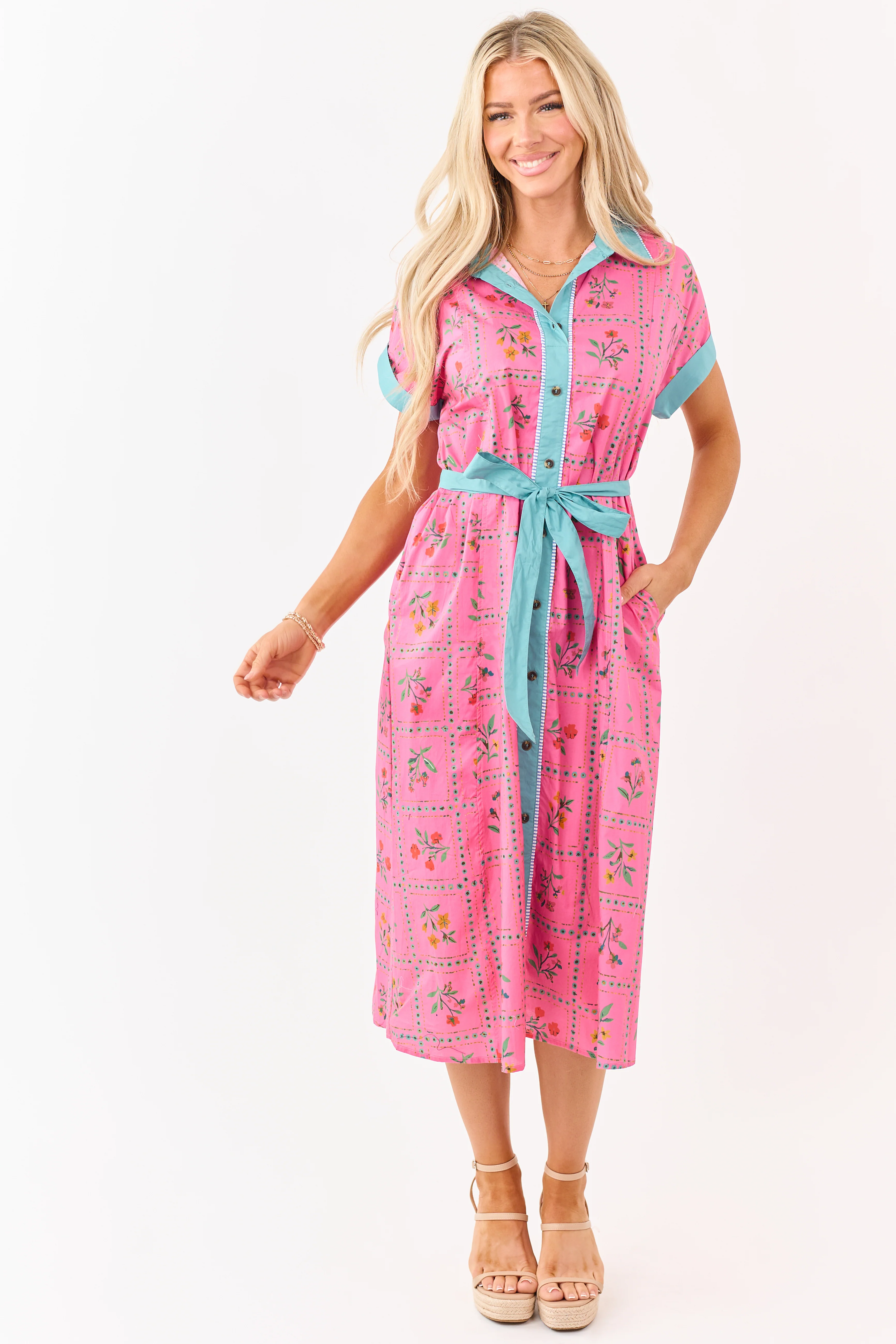 Raspberry Cotton Floral Faux Button Down Midi Dress - Image 3