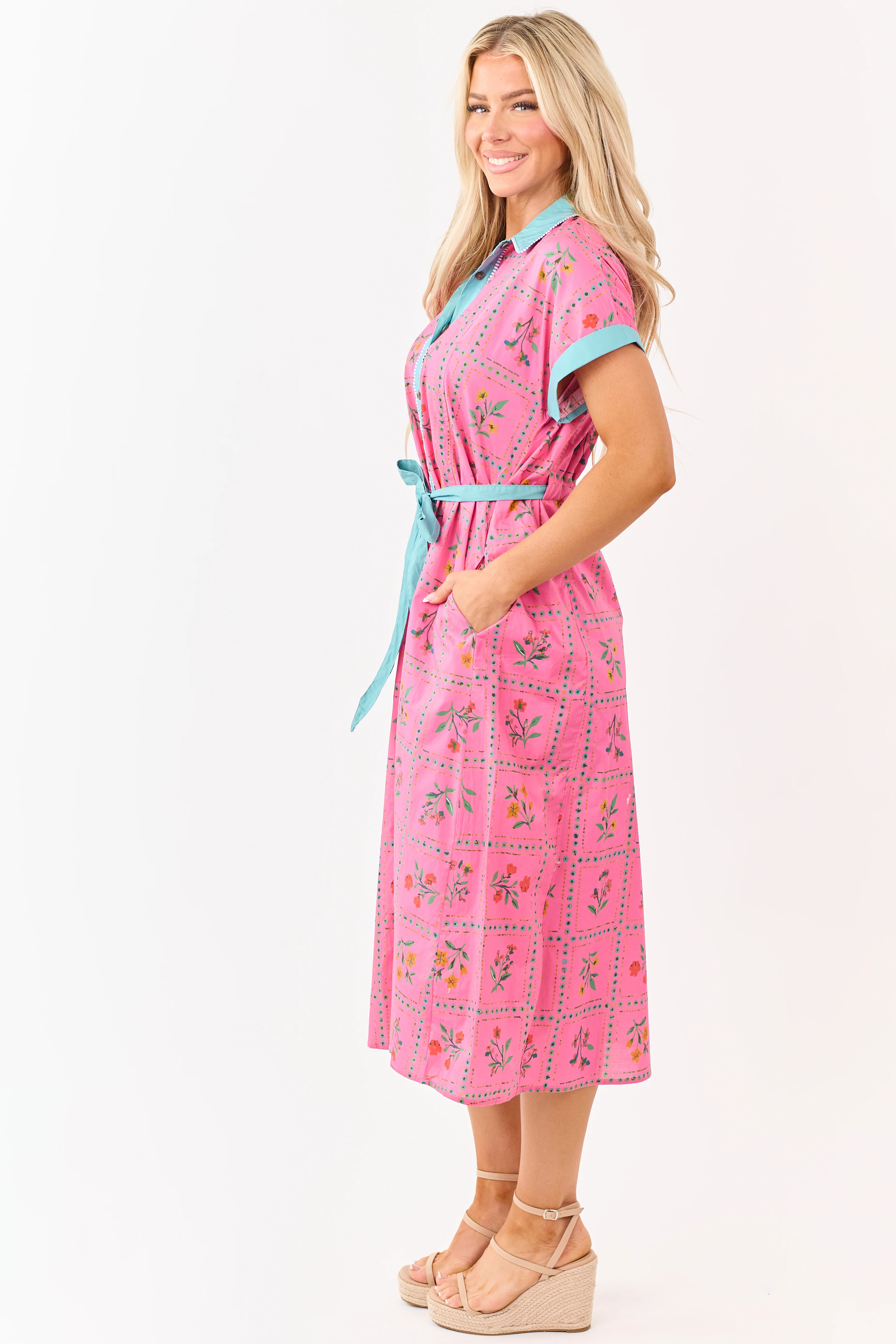 Raspberry Cotton Floral Faux Button Down Midi Dress - Image 4