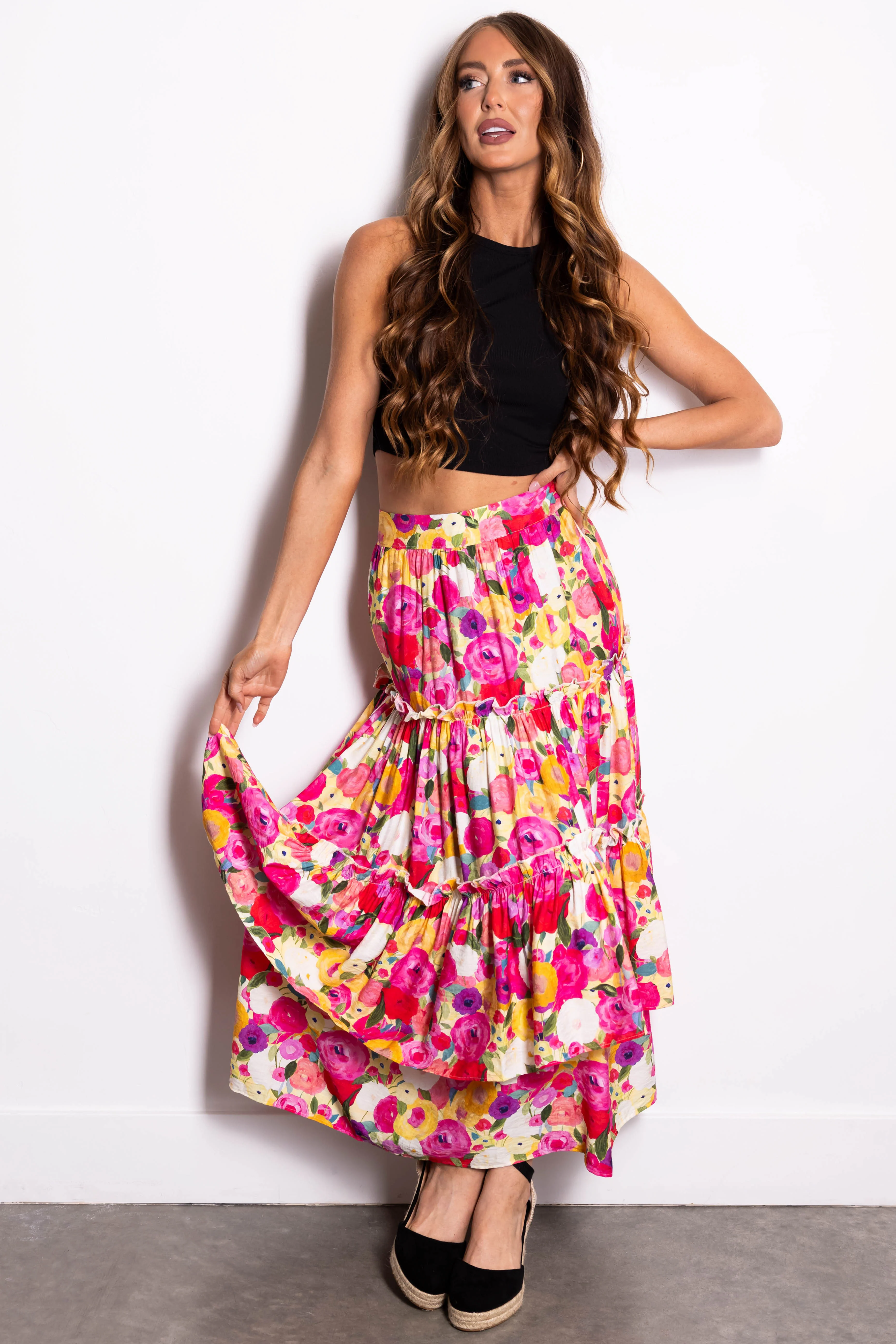 Raspberry Floral Print Tiered Maxi Skirt - Image 6