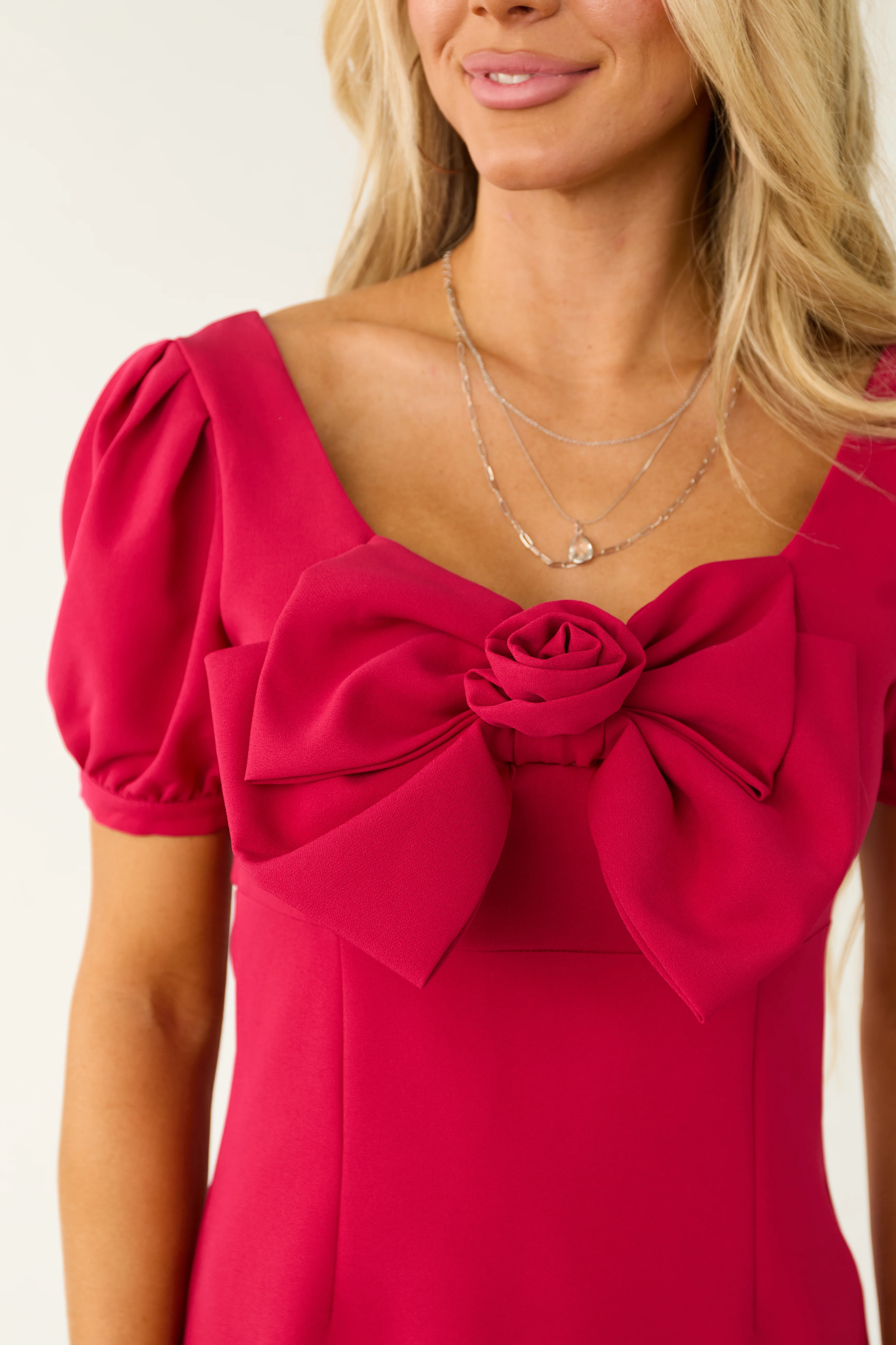 Raspberry Front Bow Detail Puff Sleeve Mini Dress - Image 7