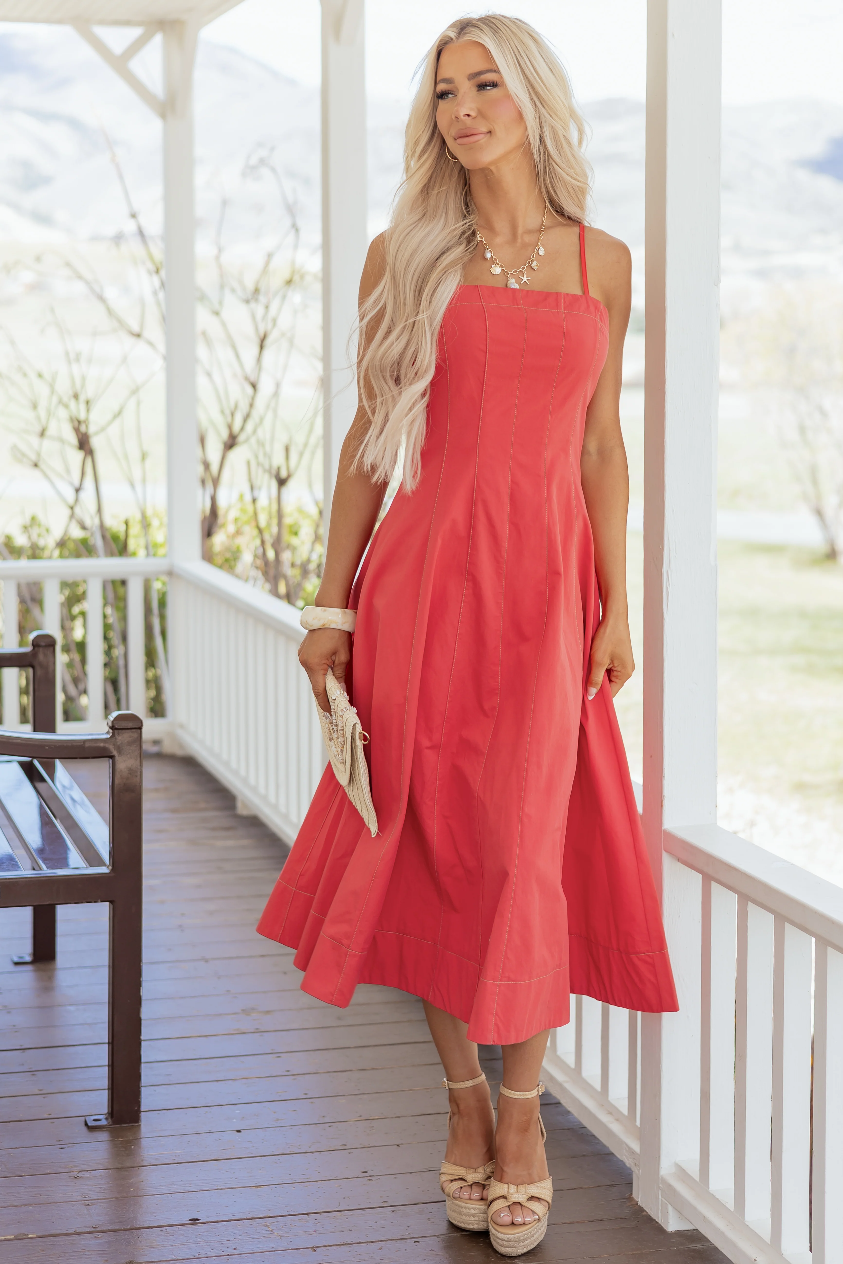 Red Cotton Contrast Stitch Sleeveless Midi Dress - Image 2