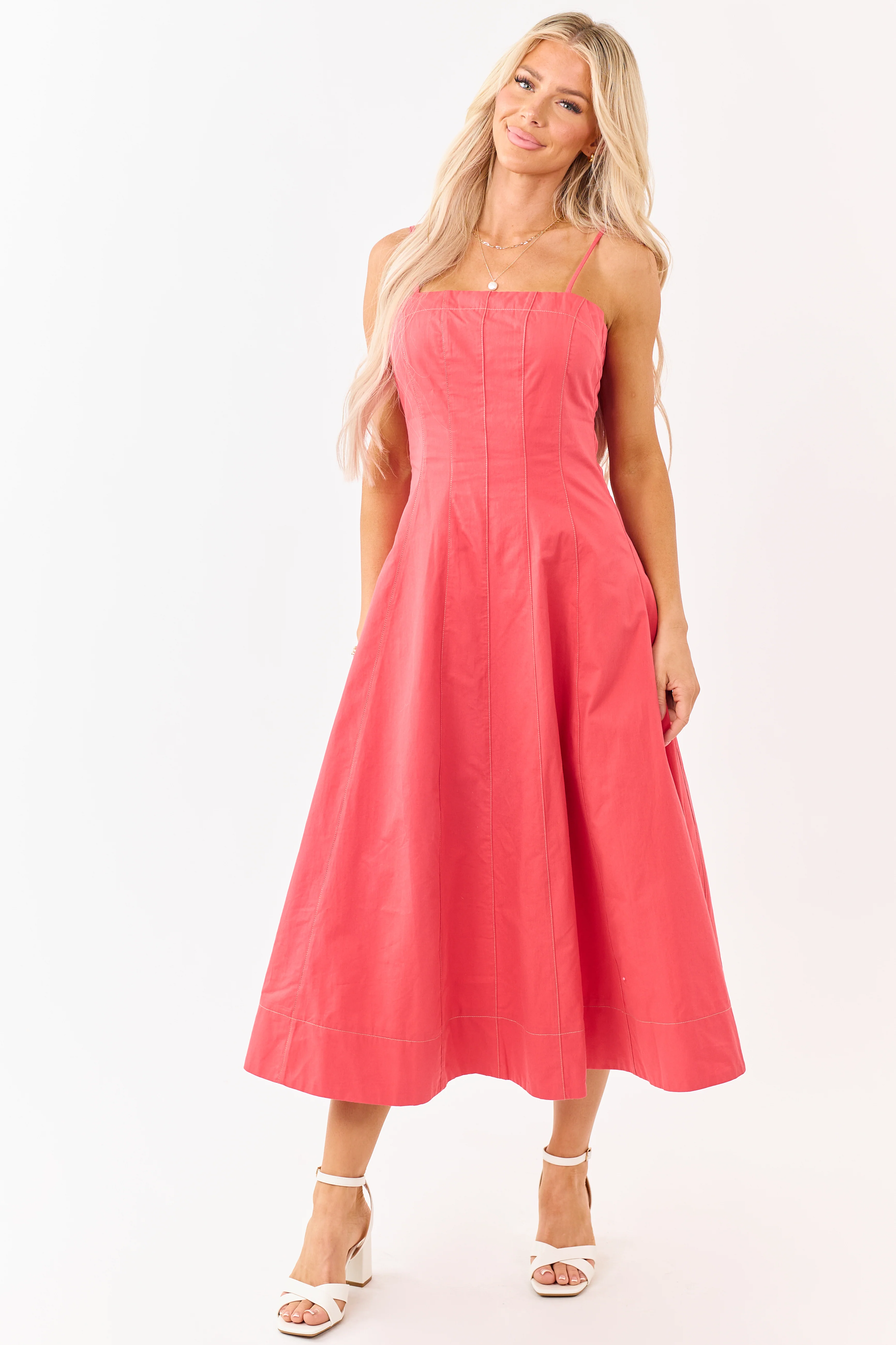 Red Cotton Contrast Stitch Sleeveless Midi Dress - Image 3