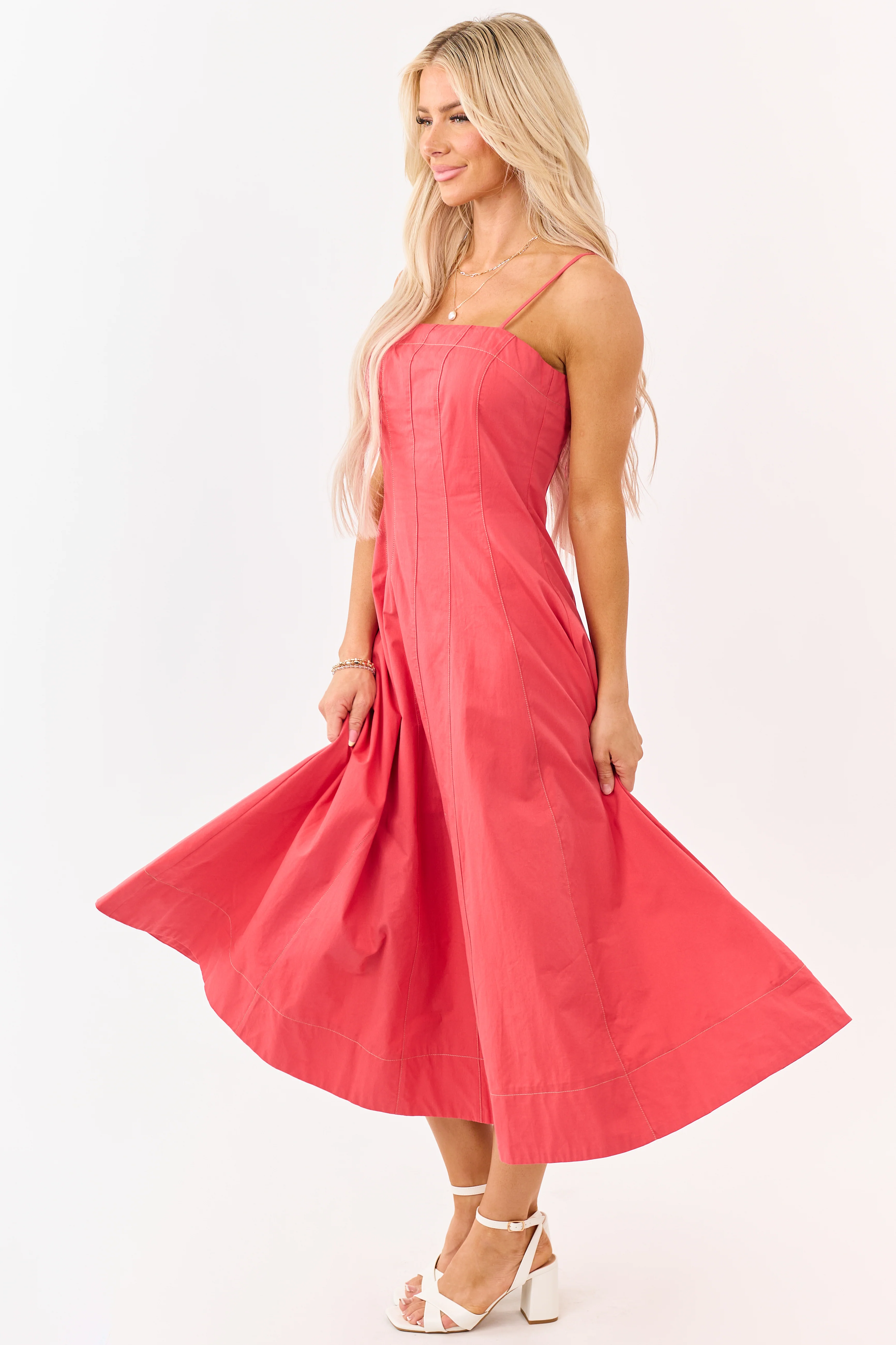 Red Cotton Contrast Stitch Sleeveless Midi Dress - Image 6