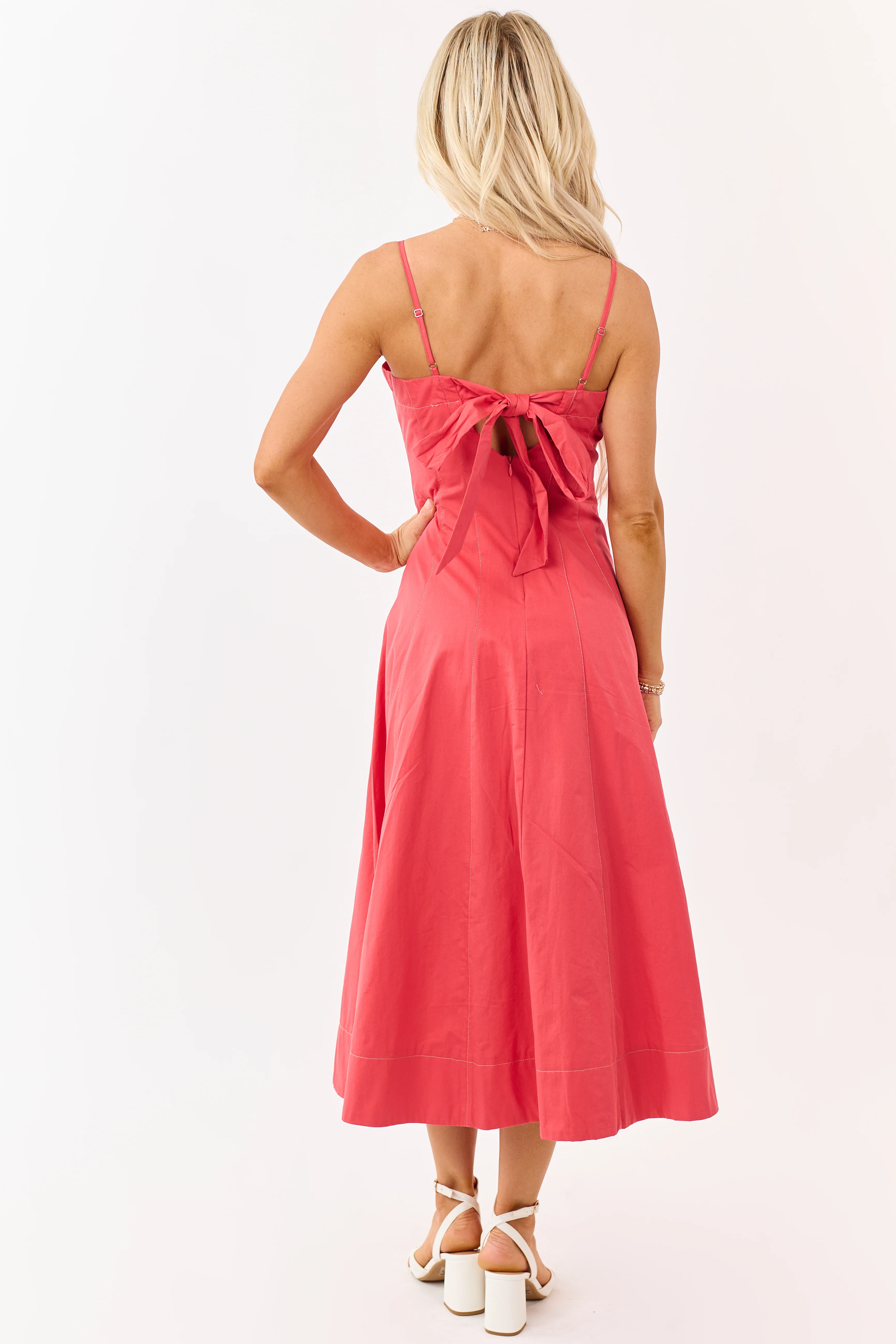 Red Cotton Contrast Stitch Sleeveless Midi Dress - Image 8
