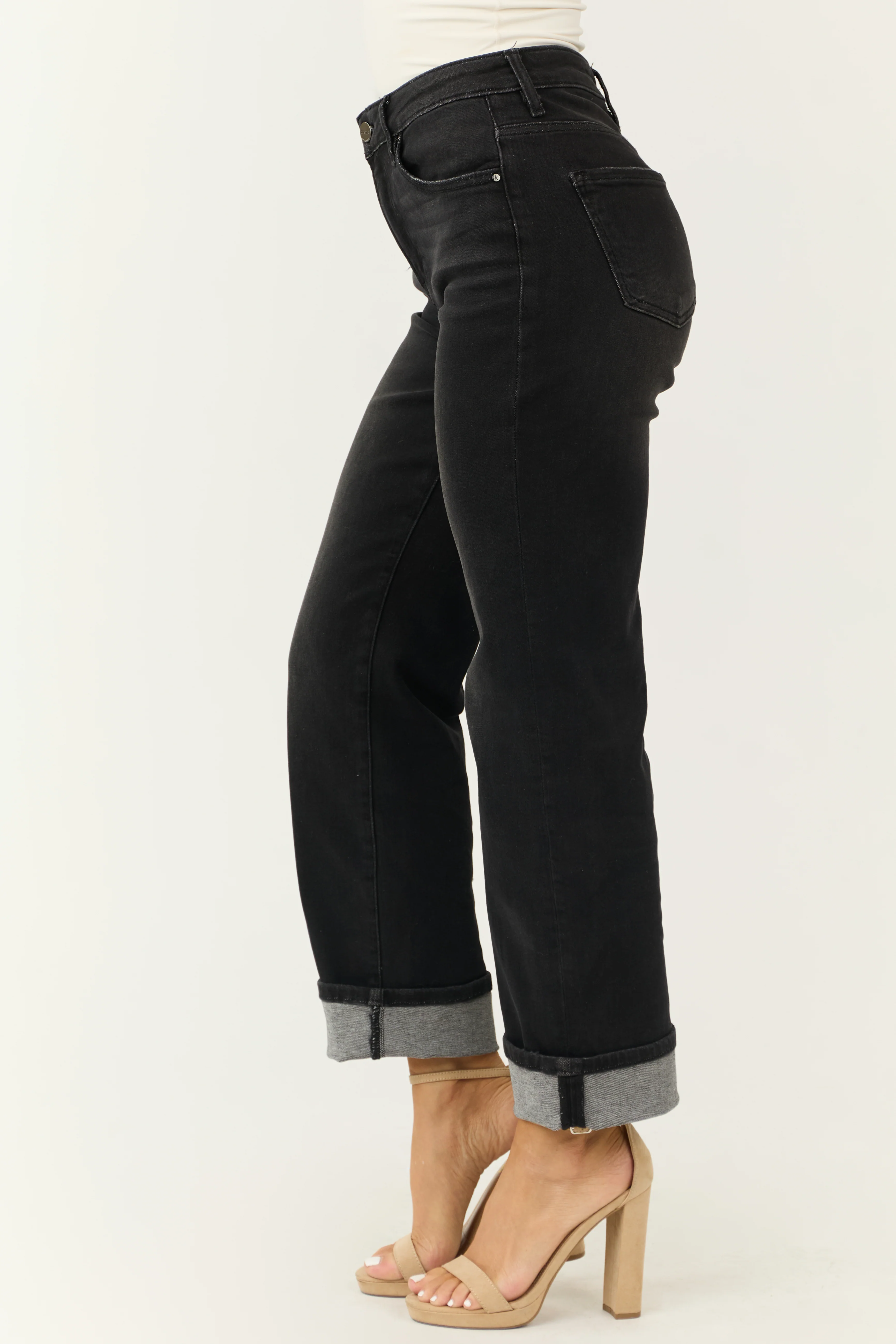 Risen Black Cuffed Cropped High Rise Boyfriend Jeans - Image 3