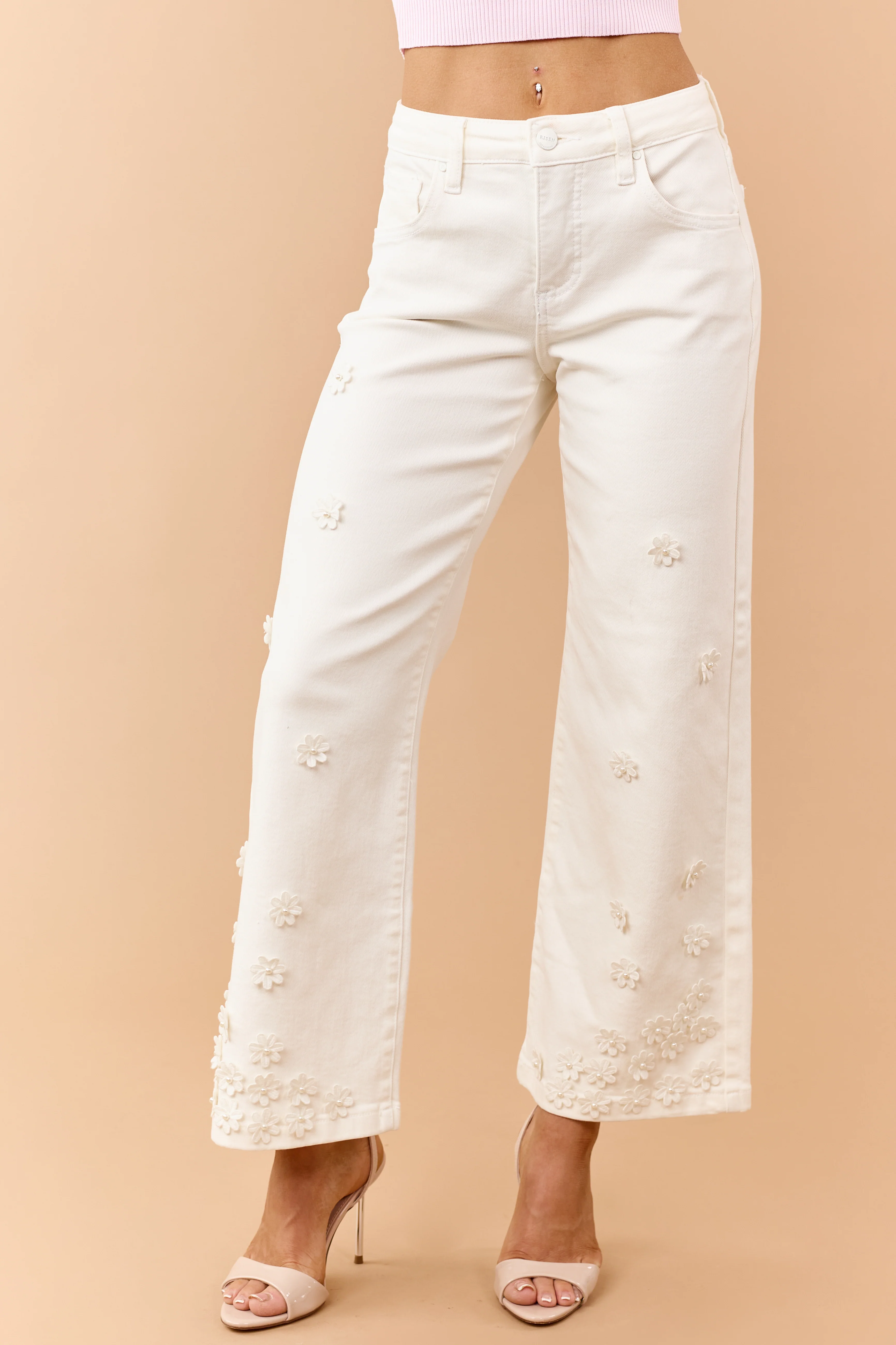 Risen Cream 3D Floral Tummy Control Wide Leg Jeans - Image 3