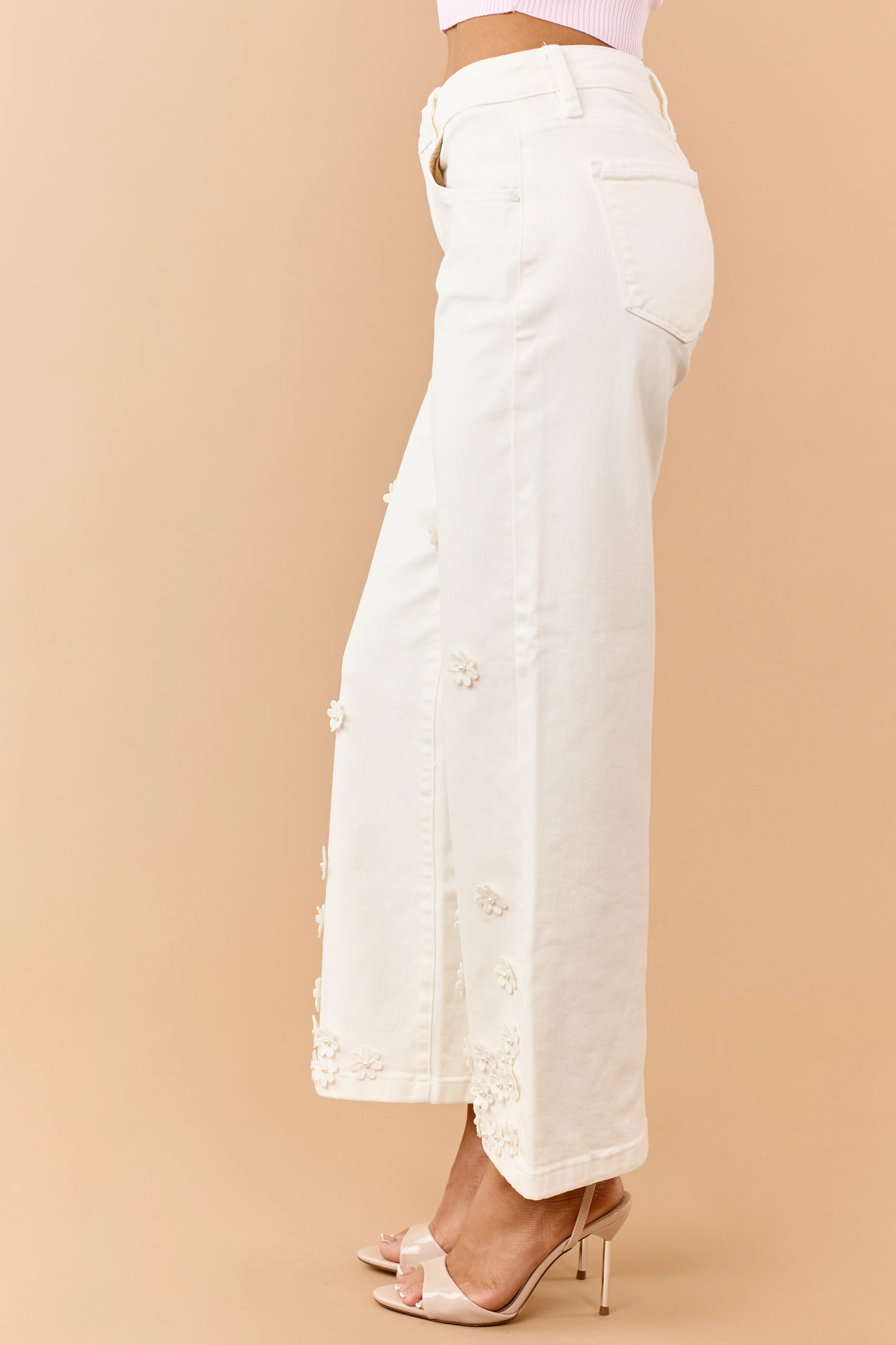 Risen Cream 3D Floral Tummy Control Wide Leg Jeans - Image 4