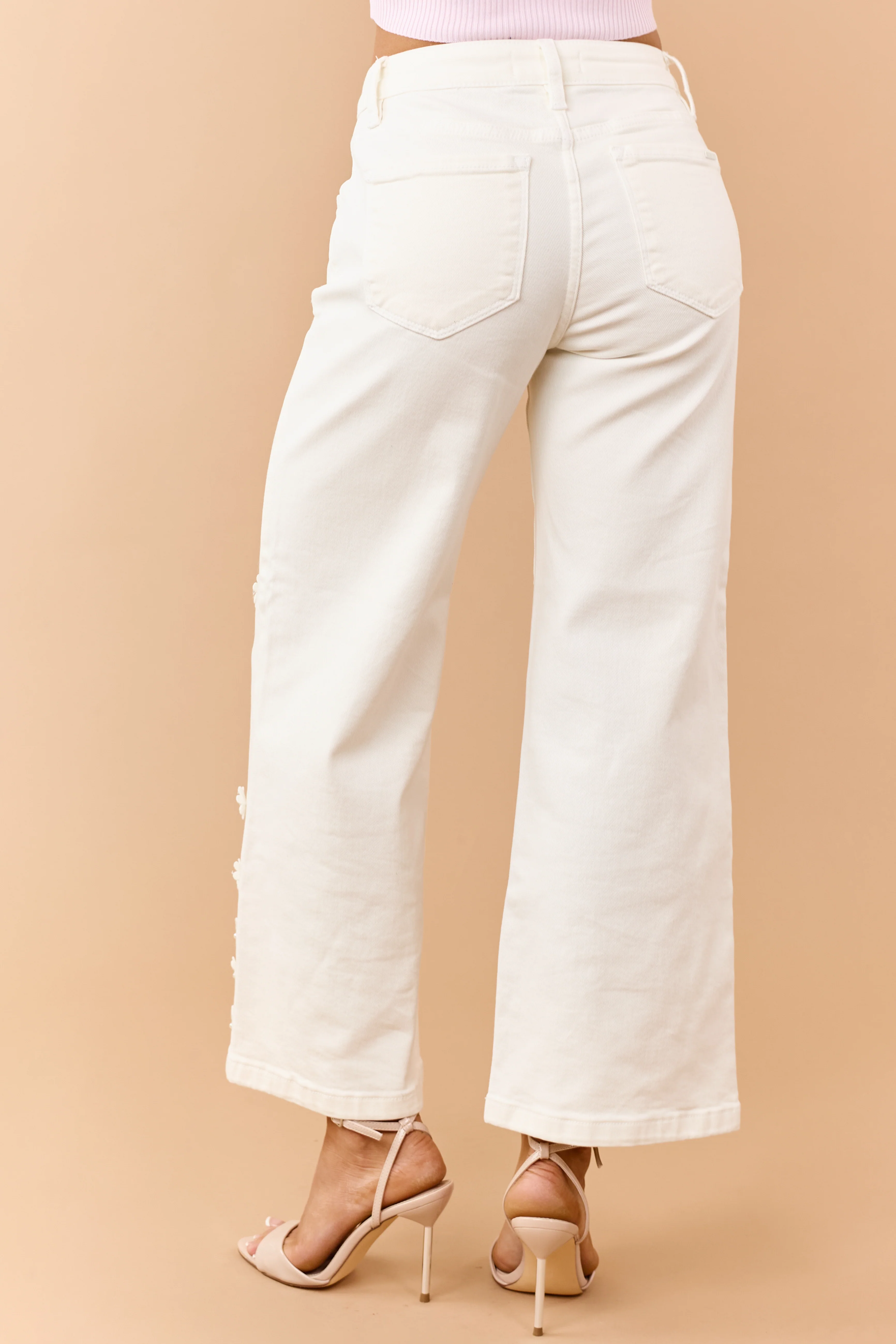 Risen Cream 3D Floral Tummy Control Wide Leg Jeans - Image 5