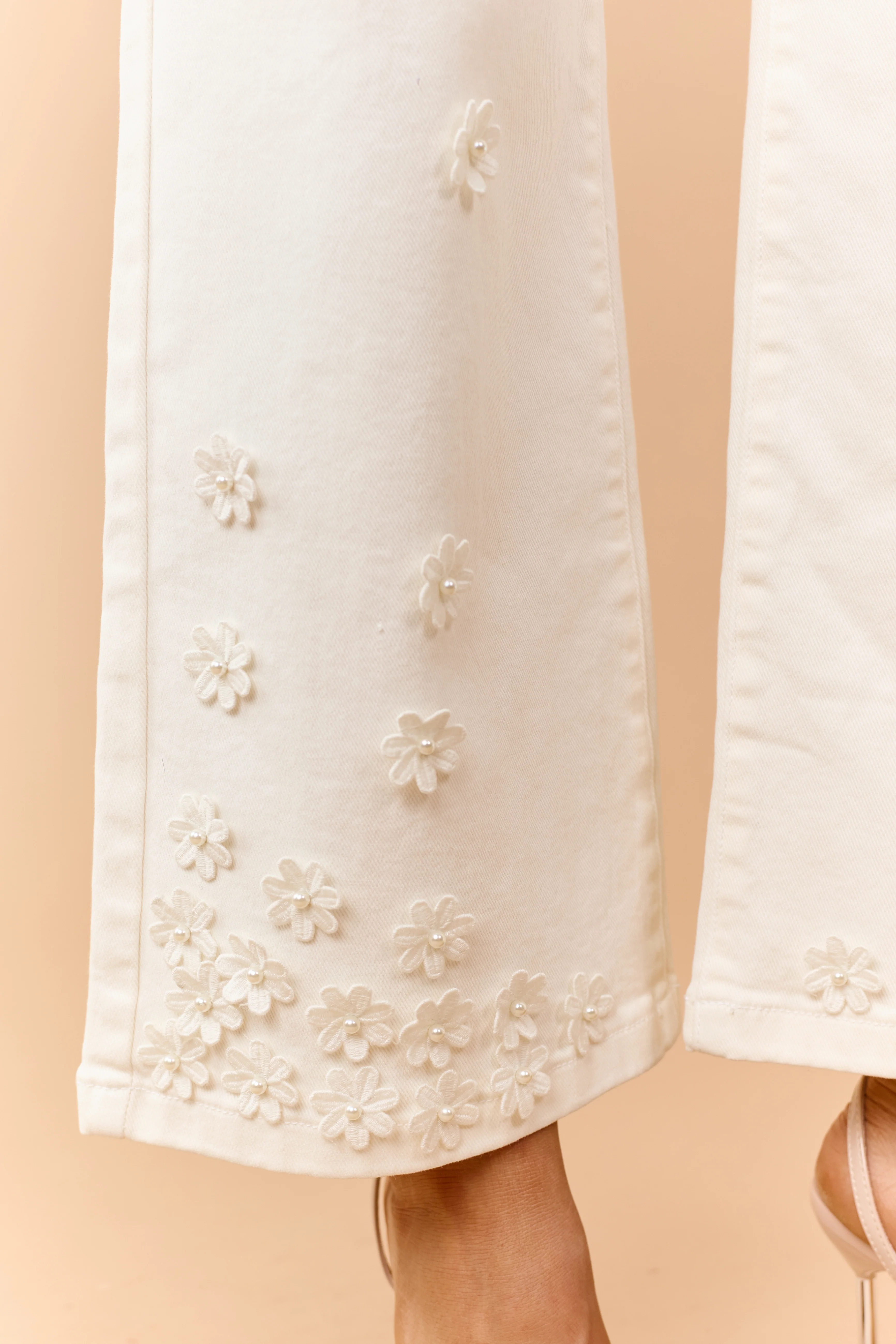Risen Cream 3D Floral Tummy Control Wide Leg Jeans - Image 9