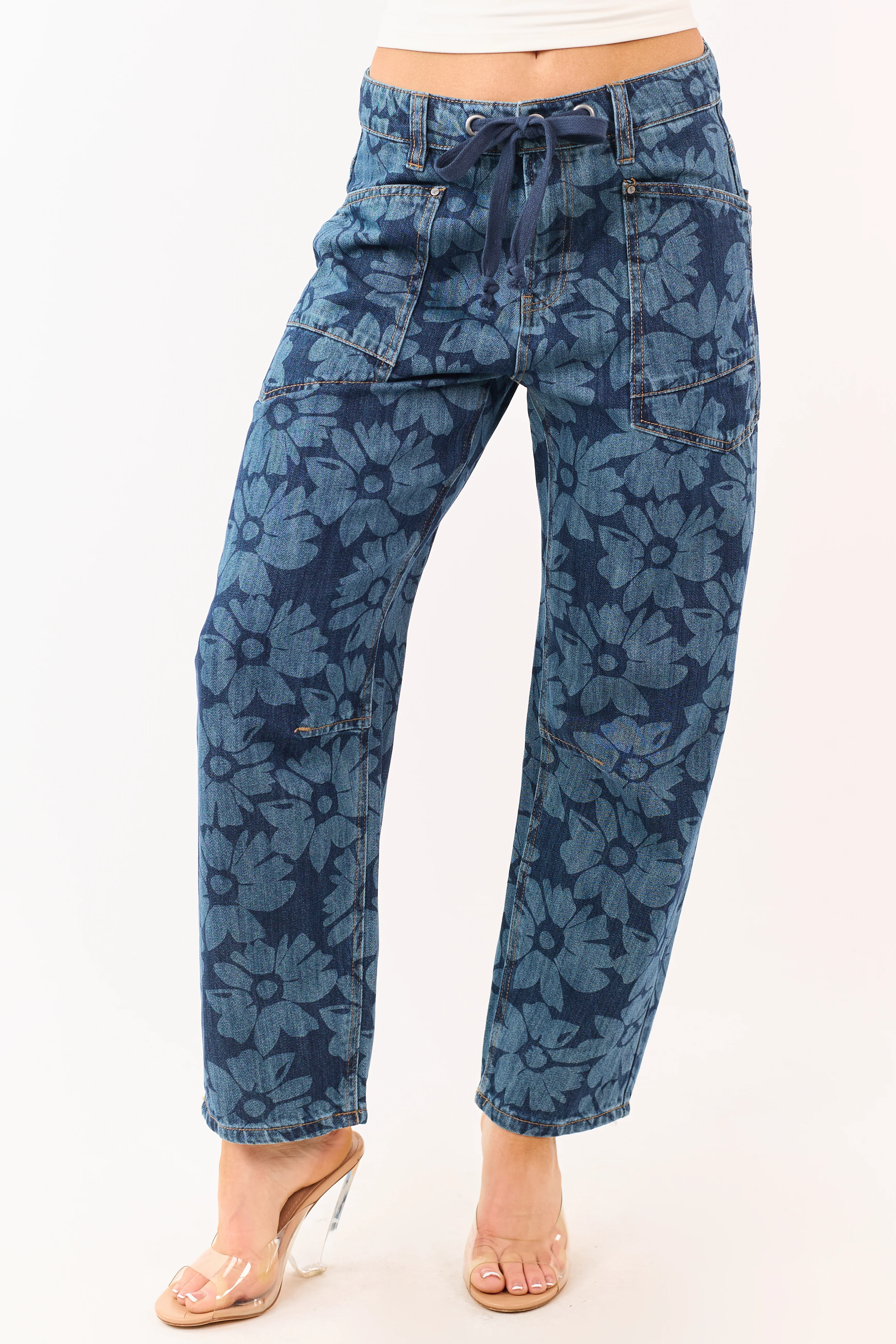 Risen Dark Wash Floral Print Drawstring Barrel Jeans - Image 2