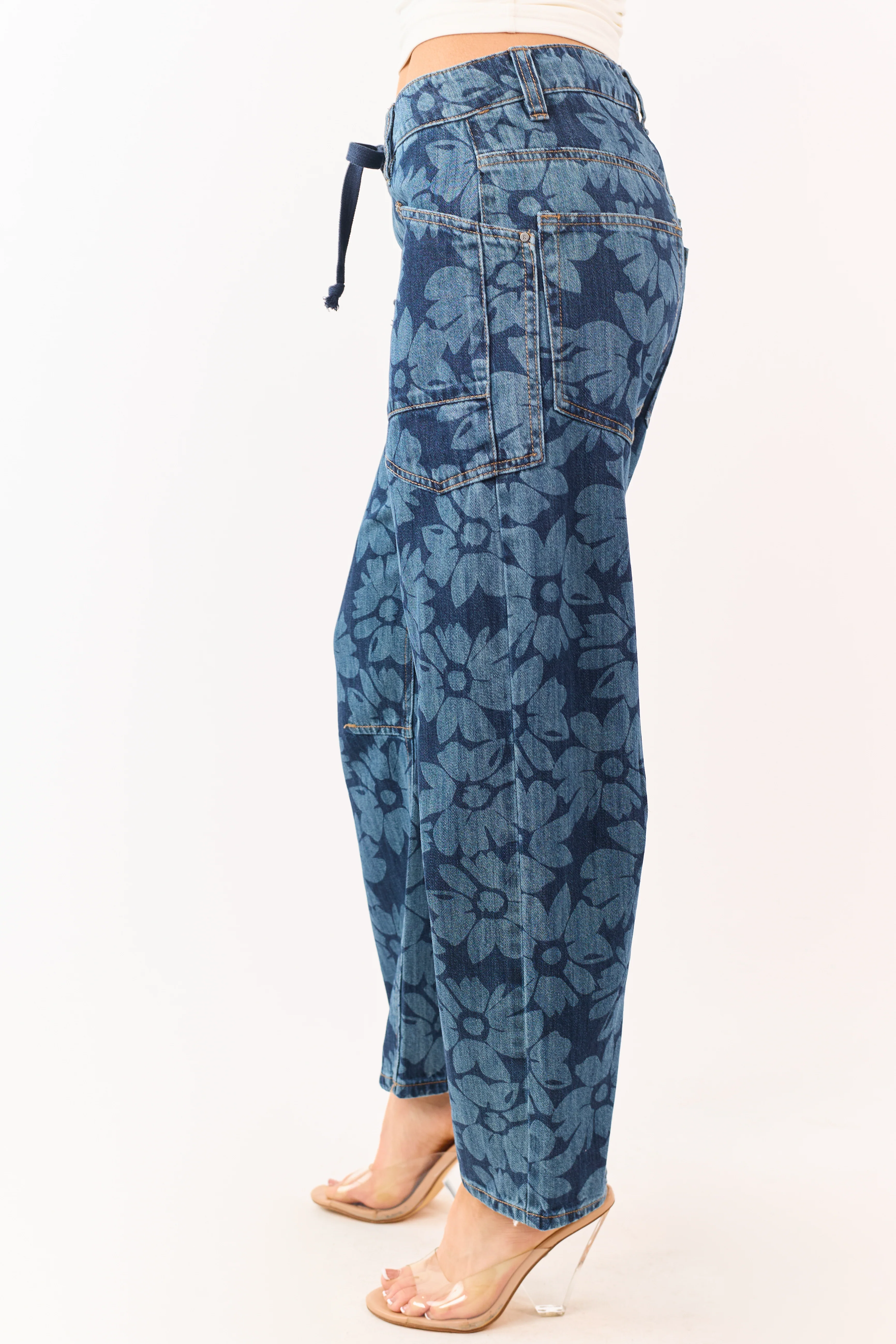 Risen Dark Wash Floral Print Drawstring Barrel Jeans - Image 3