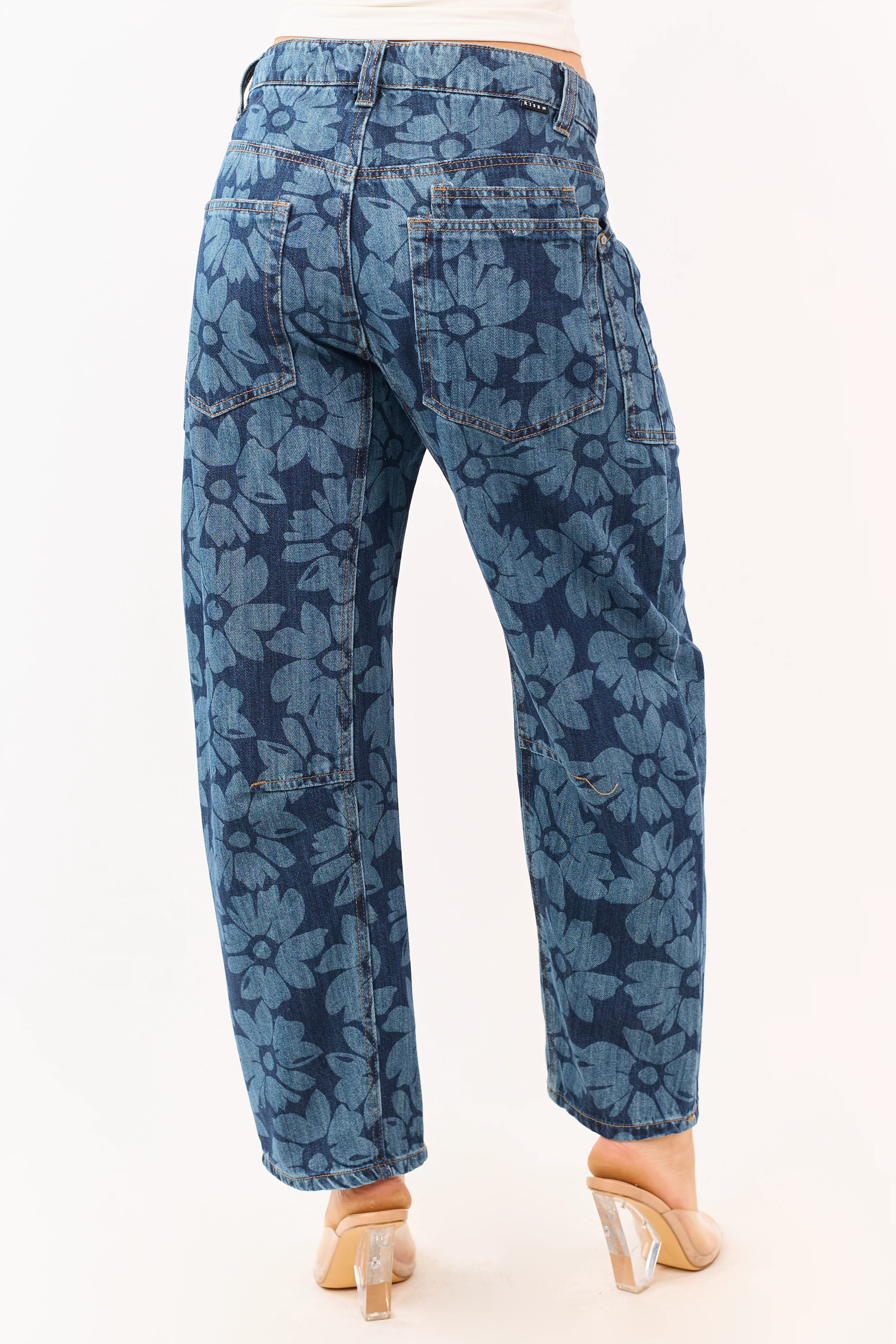 Risen Dark Wash Floral Print Drawstring Barrel Jeans - Image 4