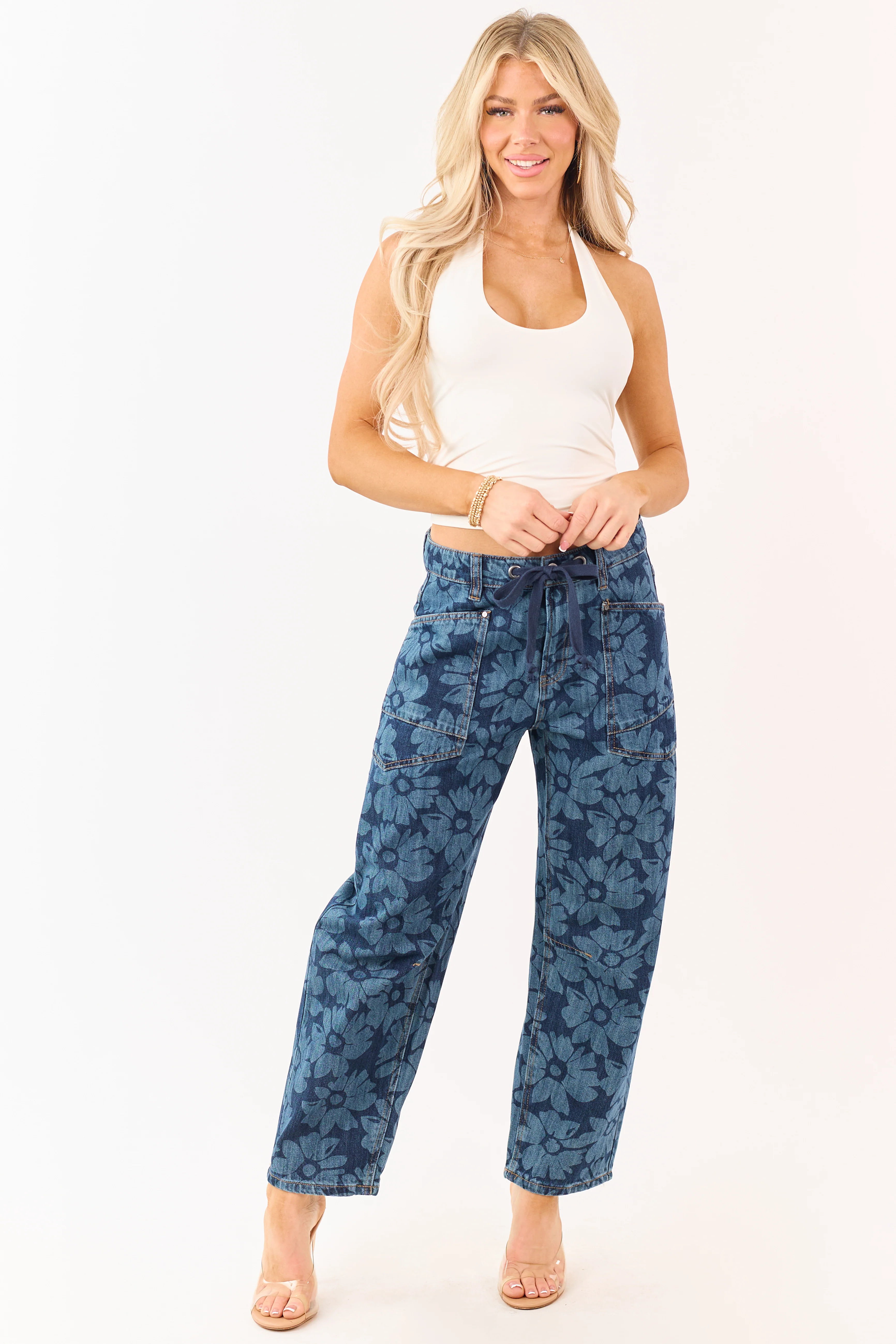 Risen Dark Wash Floral Print Drawstring Barrel Jeans - Image 6