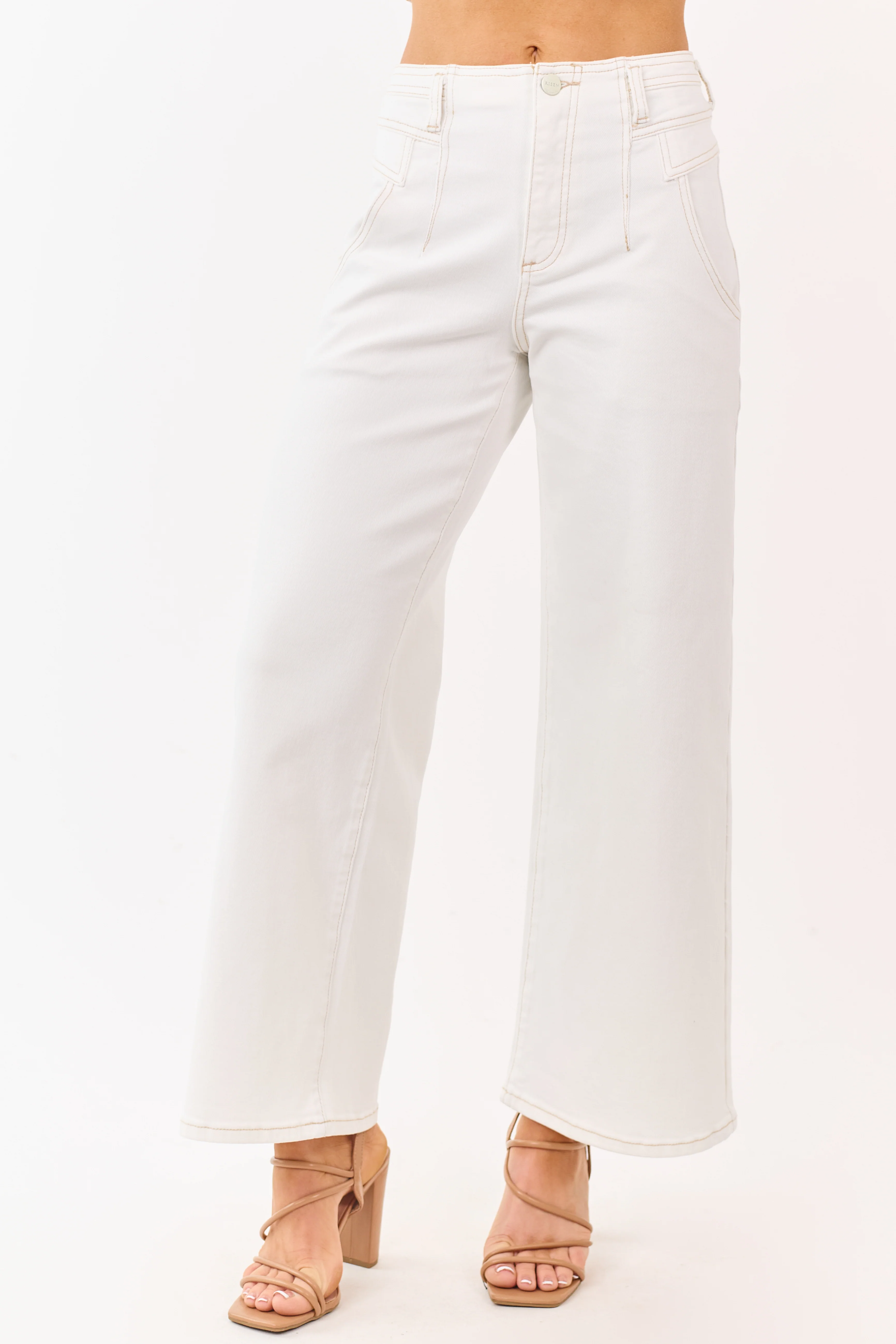 Risen Ivory Contrast Stitch Stretchy Wide Leg Jeans - Image 2