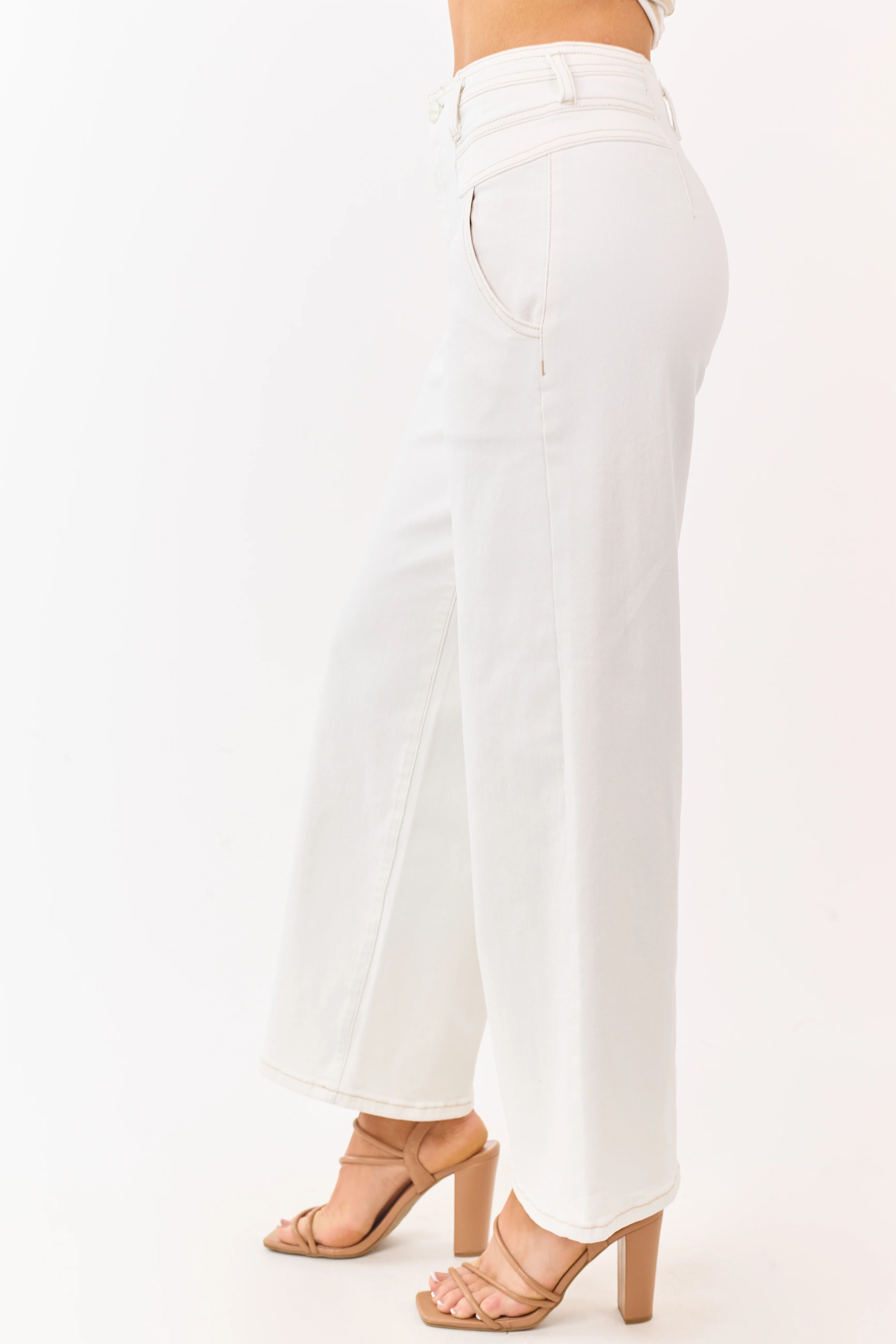 Risen Ivory Contrast Stitch Stretchy Wide Leg Jeans - Image 3