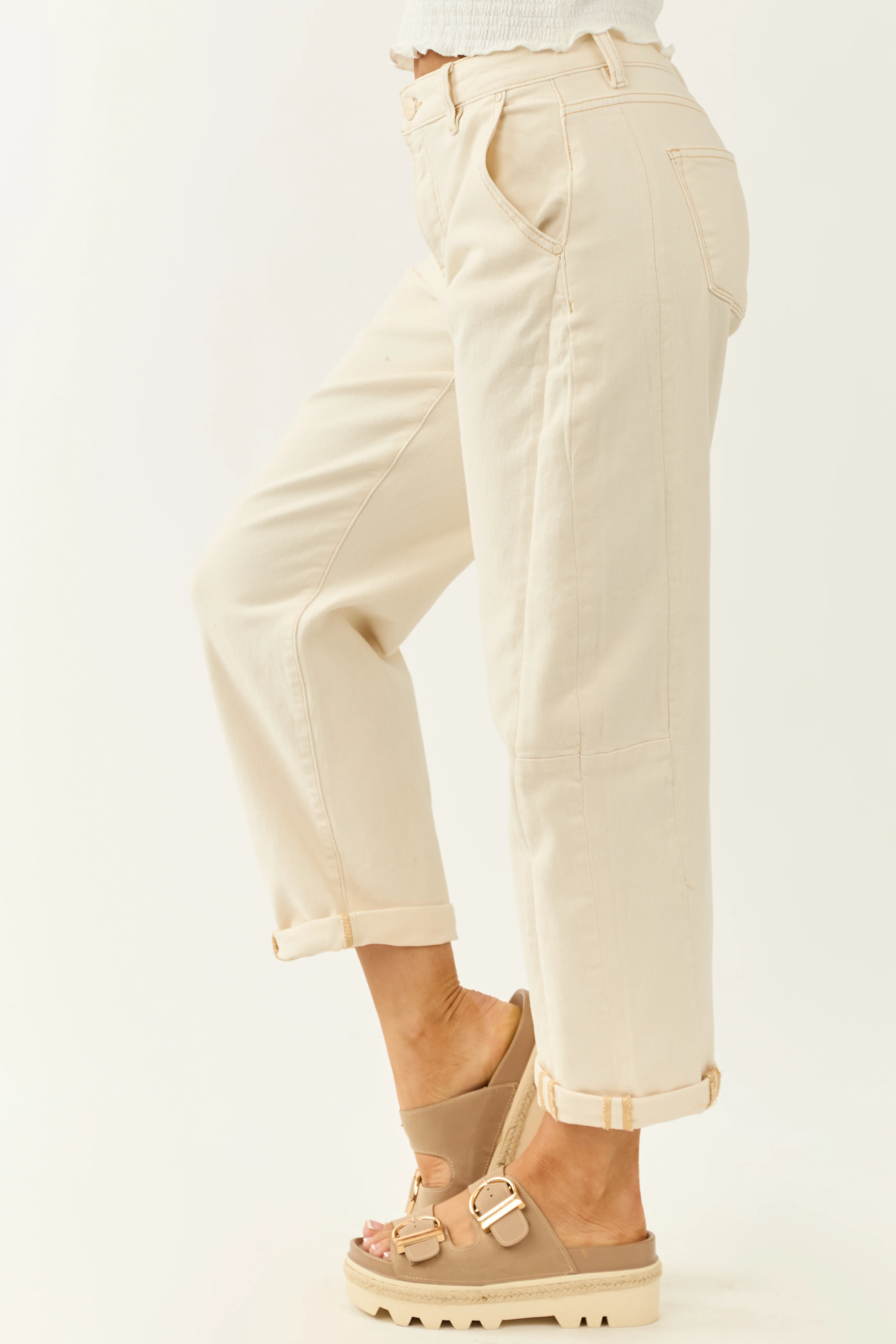 Risen Ivory High Rise Cuffed Stretchy Barrel Jeans - Image 4