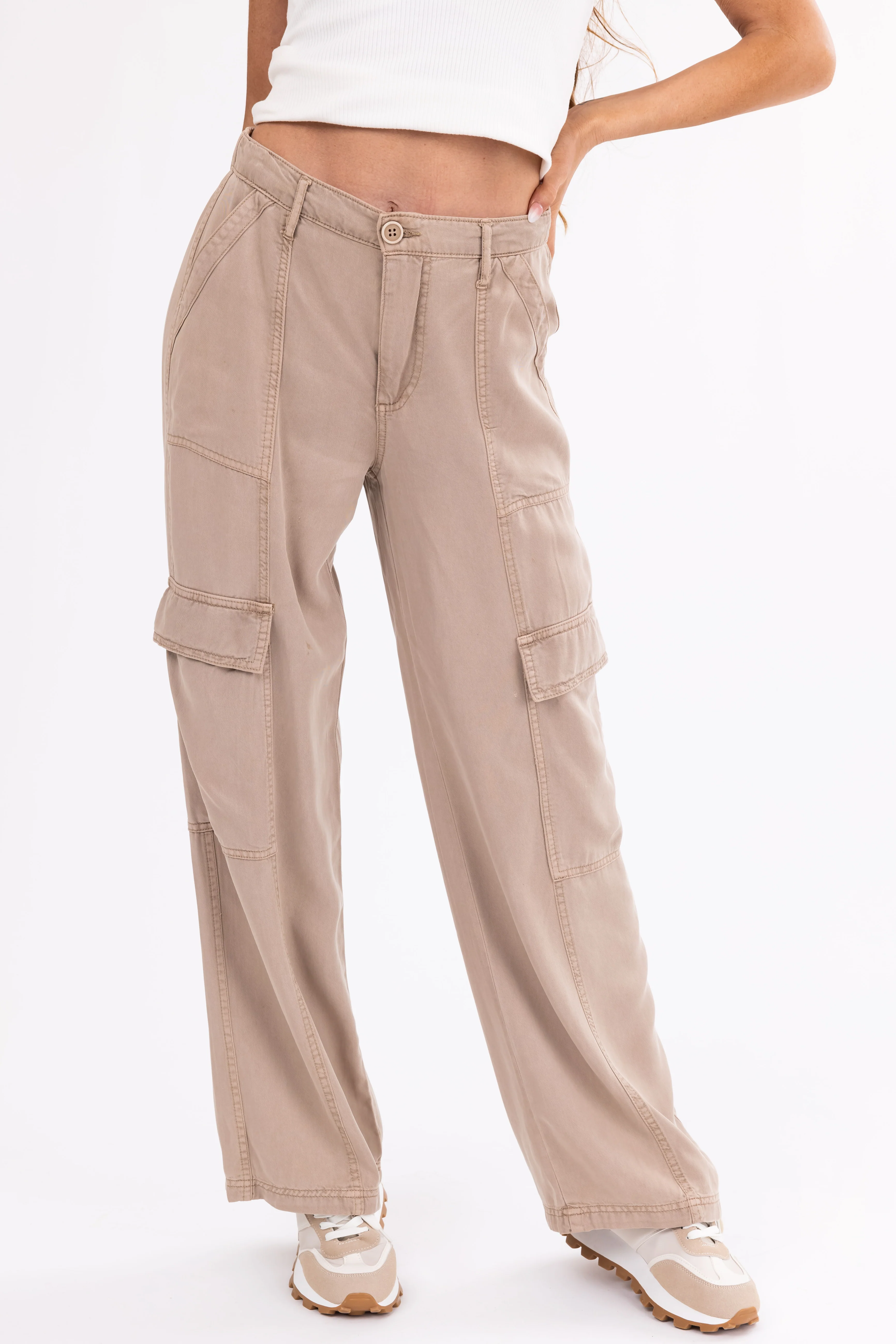Risen Latte Wide Leg Tencel Cargo Pants - Image 2