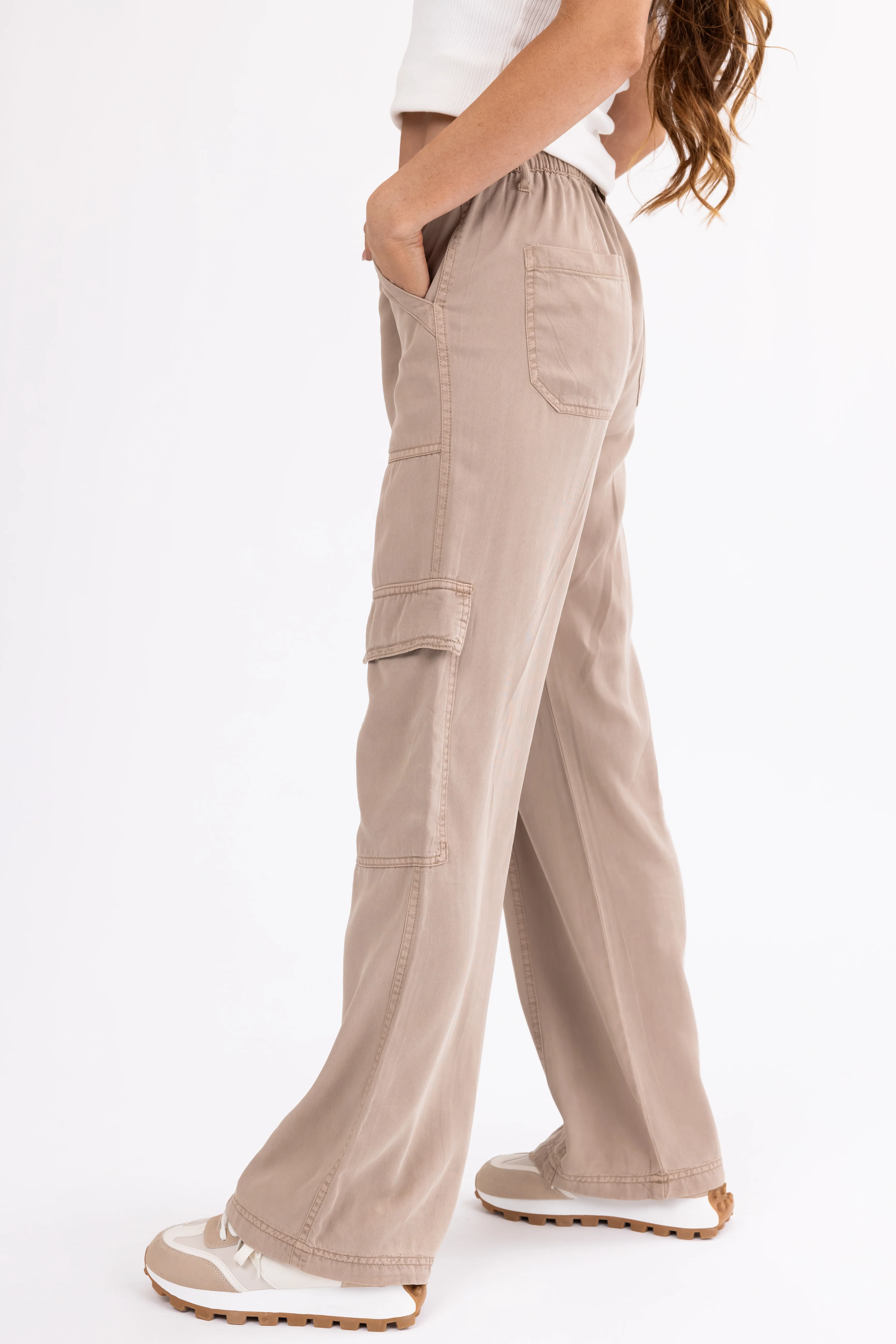 Risen Latte Wide Leg Tencel Cargo Pants - Image 3