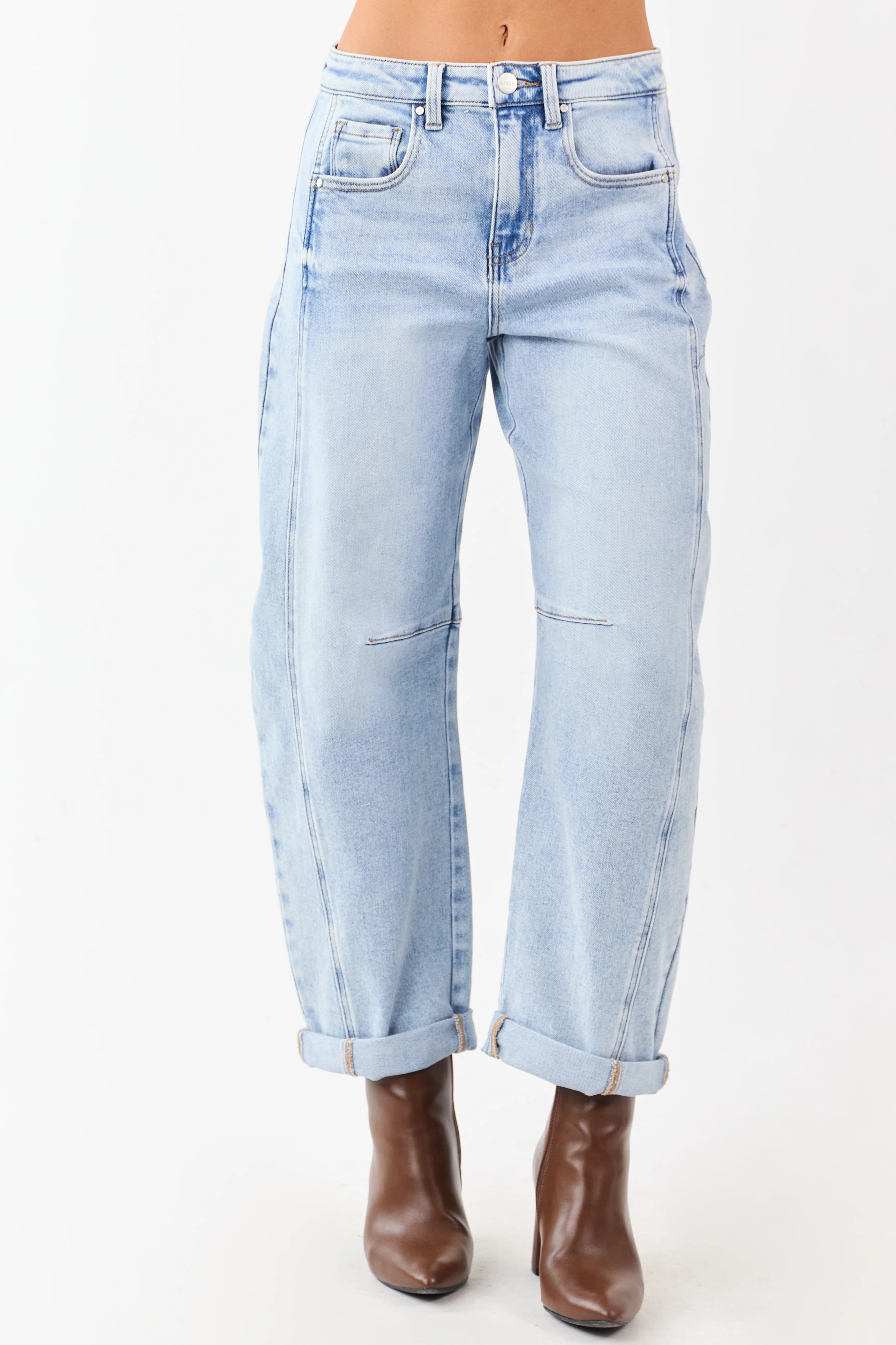 Risen Light Wash Cuffed Stretchy Barrel Jeans - Image 2