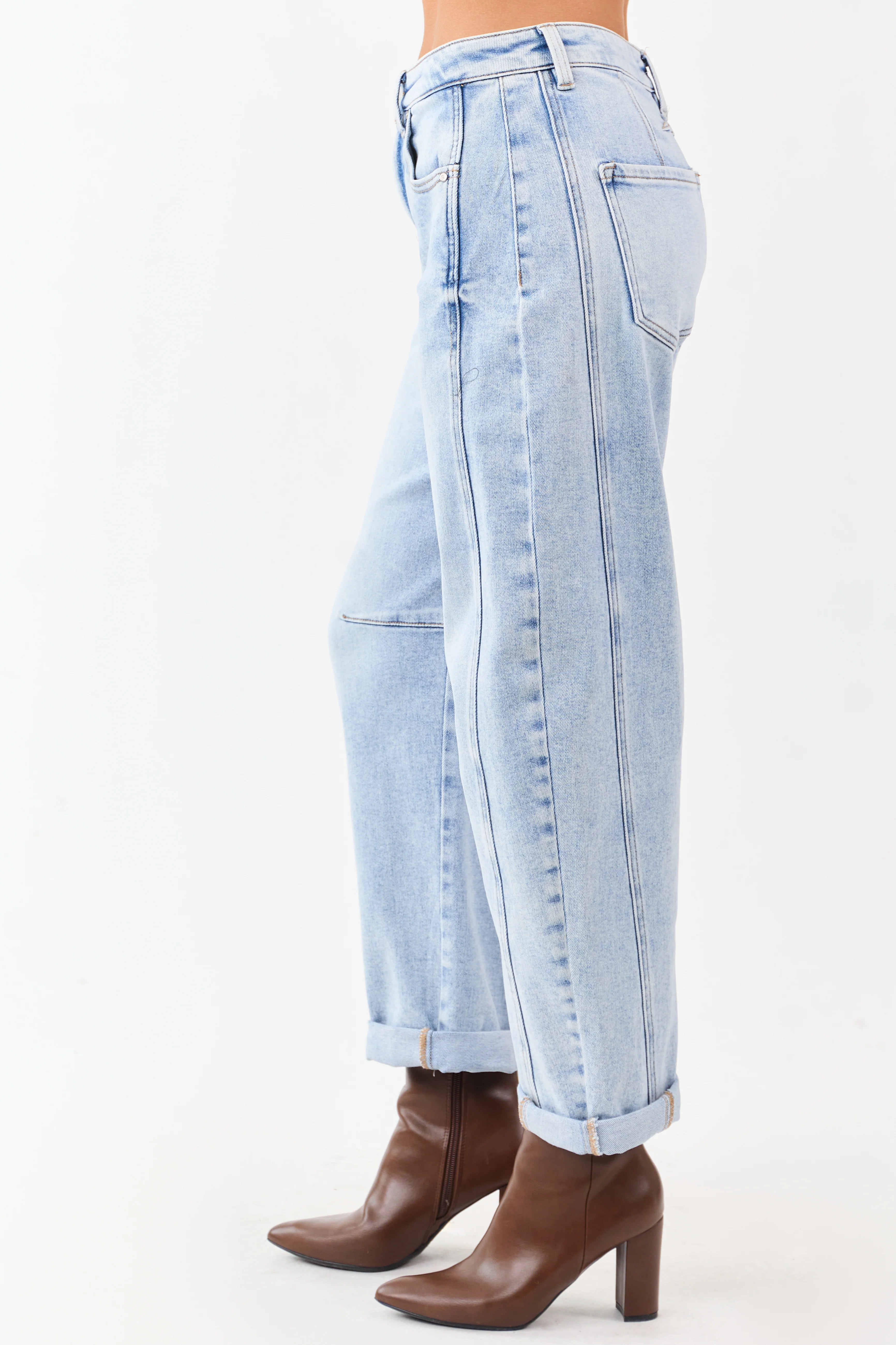 Risen Light Wash Cuffed Stretchy Barrel Jeans - Image 3