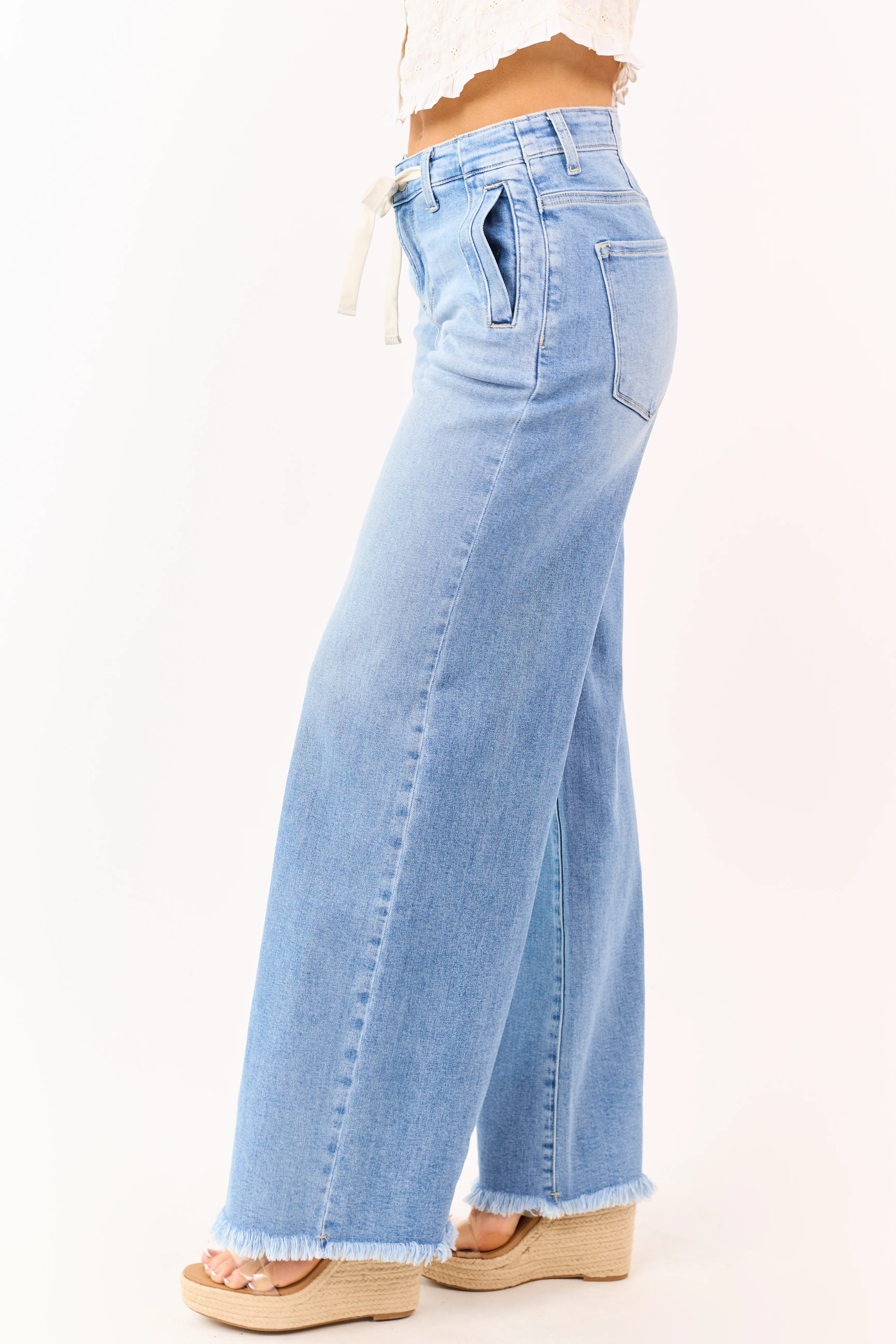 Risen Light Wash High Rise Wide Leg Drawstring Jeans - Image 3
