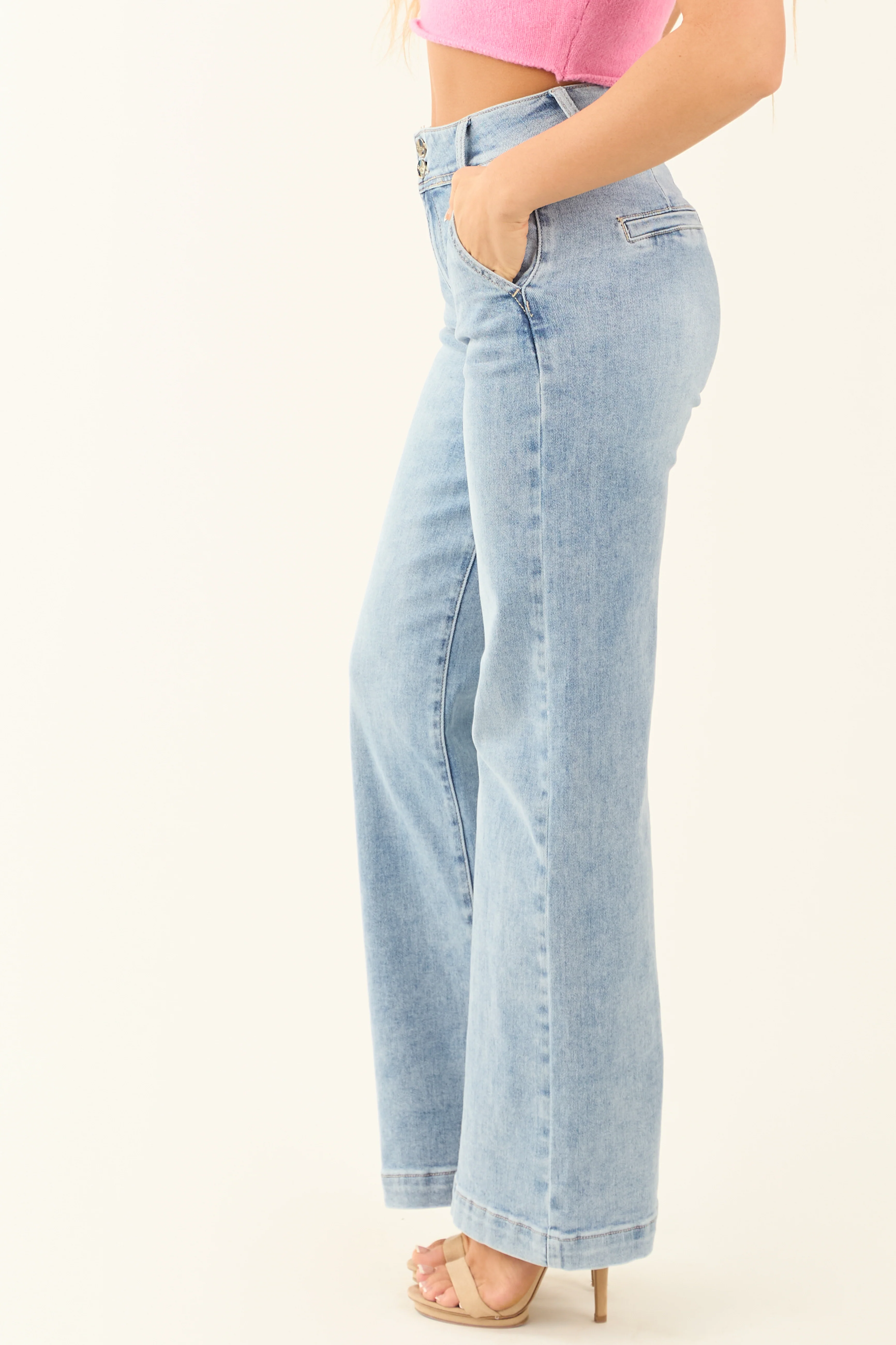 Risen Light Wash Stretchy Double Button Wide Leg Jeans - Image 3