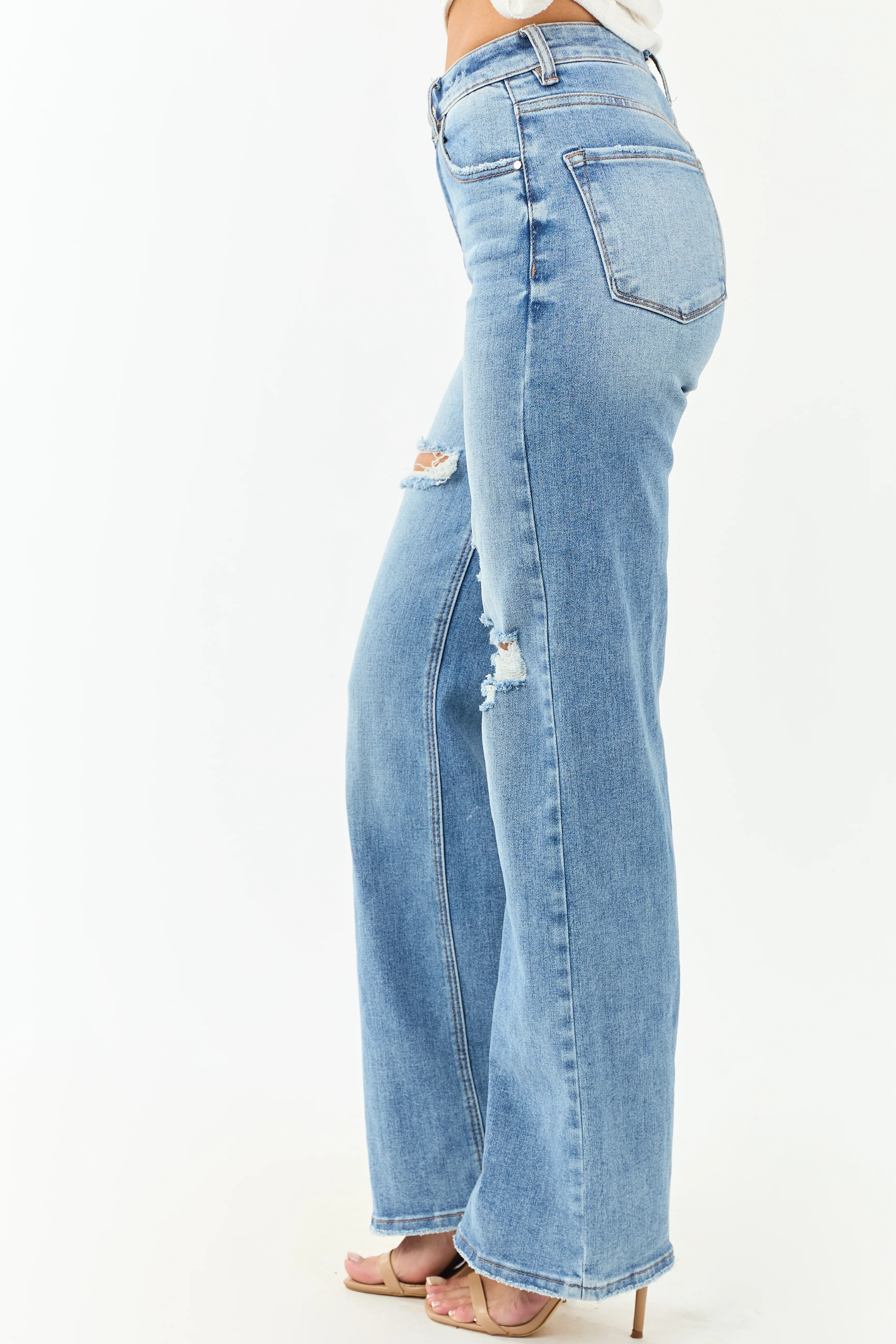 Risen Medium Wash Distressed Stretchy Wide Leg Jeans - Image 4