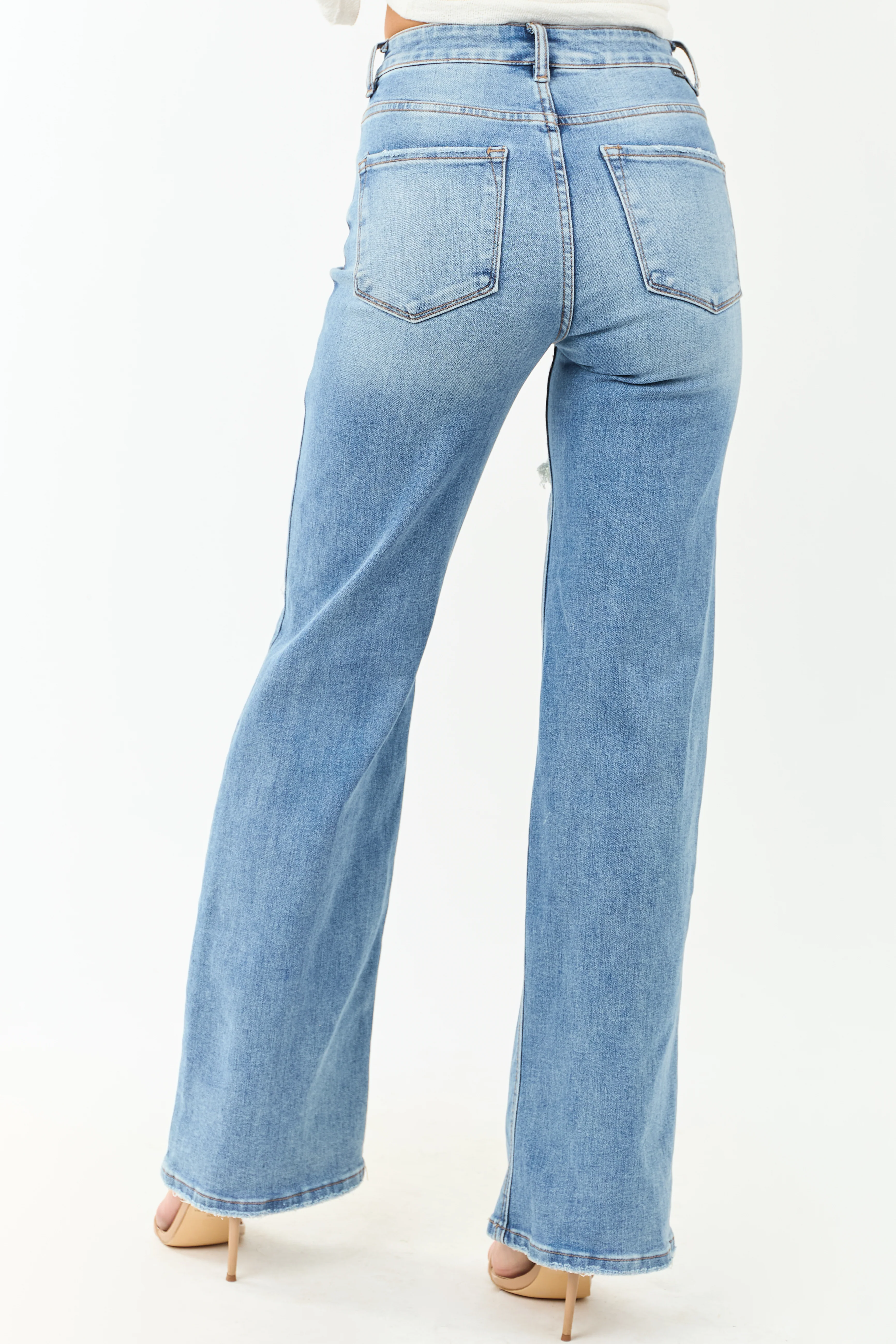 Risen Medium Wash Distressed Stretchy Wide Leg Jeans - Image 5