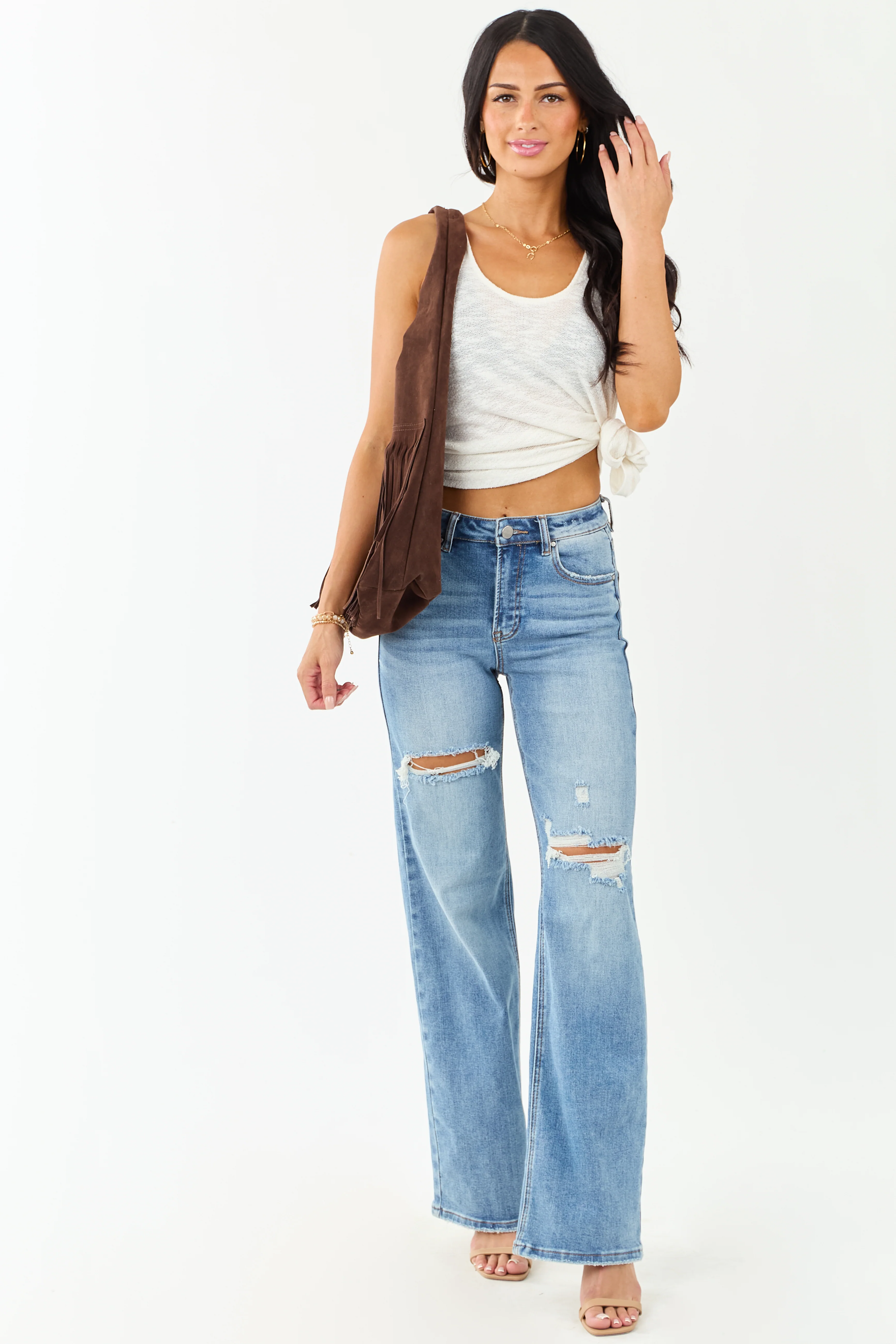 Risen Medium Wash Distressed Stretchy Wide Leg Jeans - Image 7