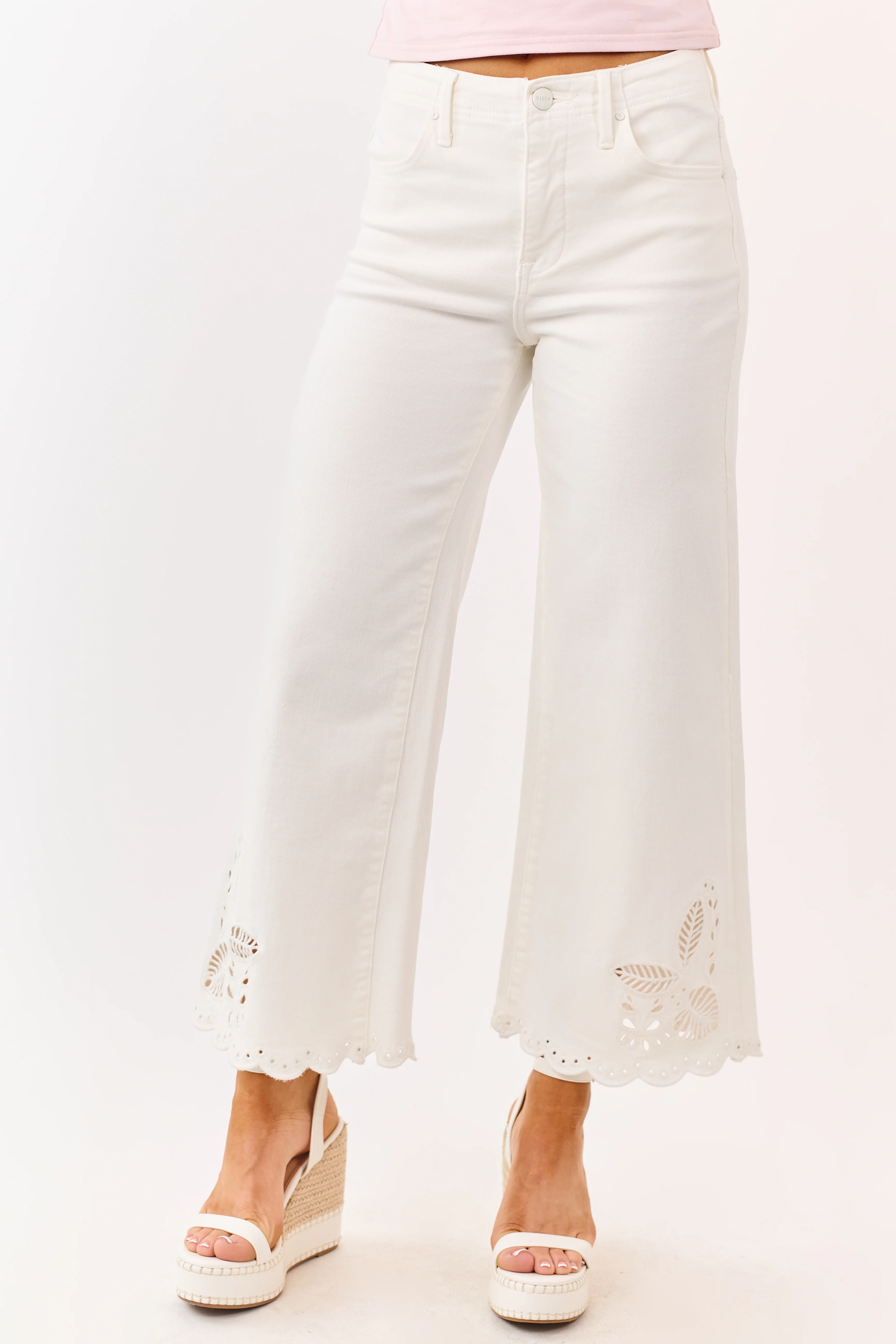 Risen White Tummy Control Embroidered Wide Leg Jeans - Image 3