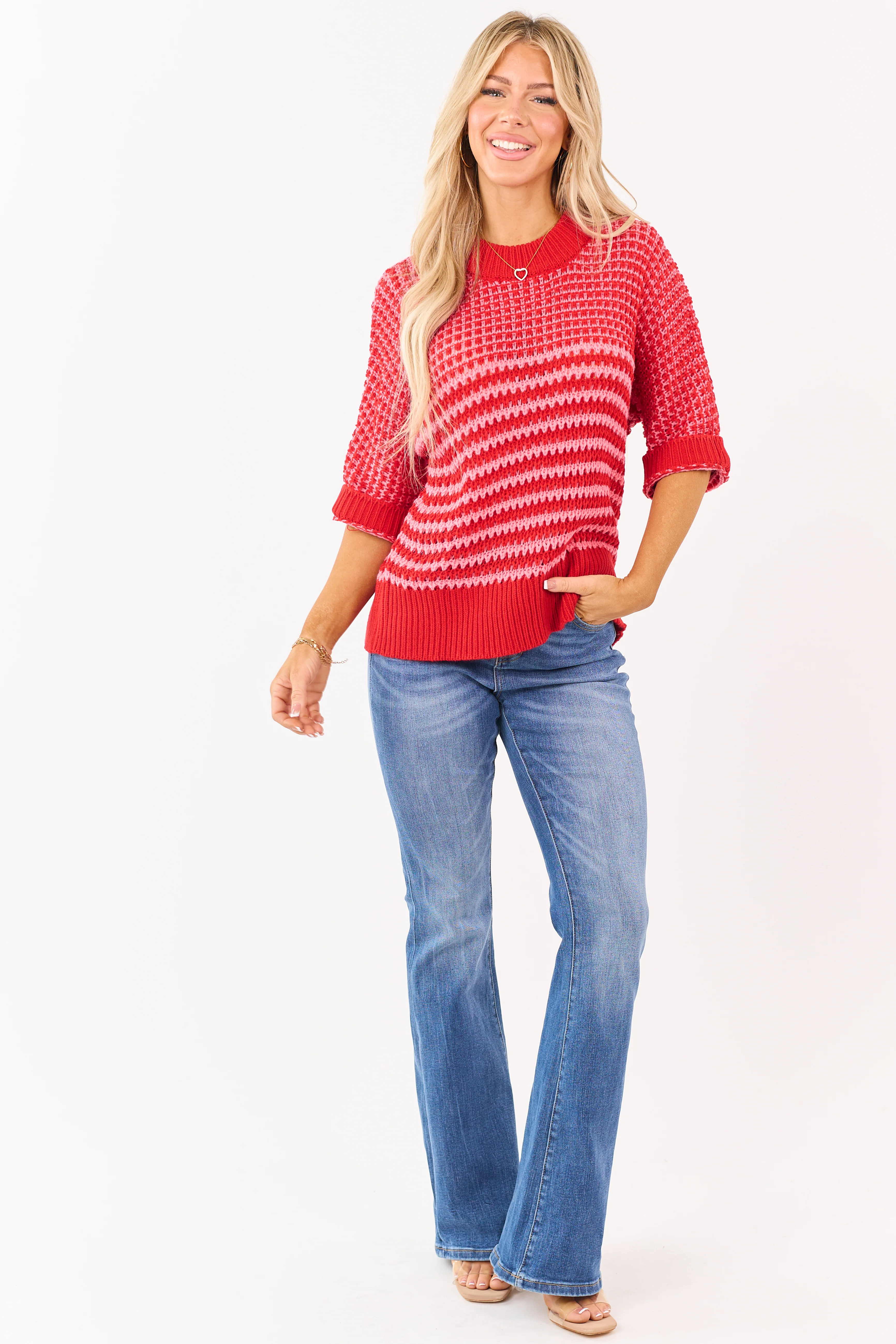 Ruby Two Tone Open Knit Drape Sleeve Slouchy Sweater - Image 3