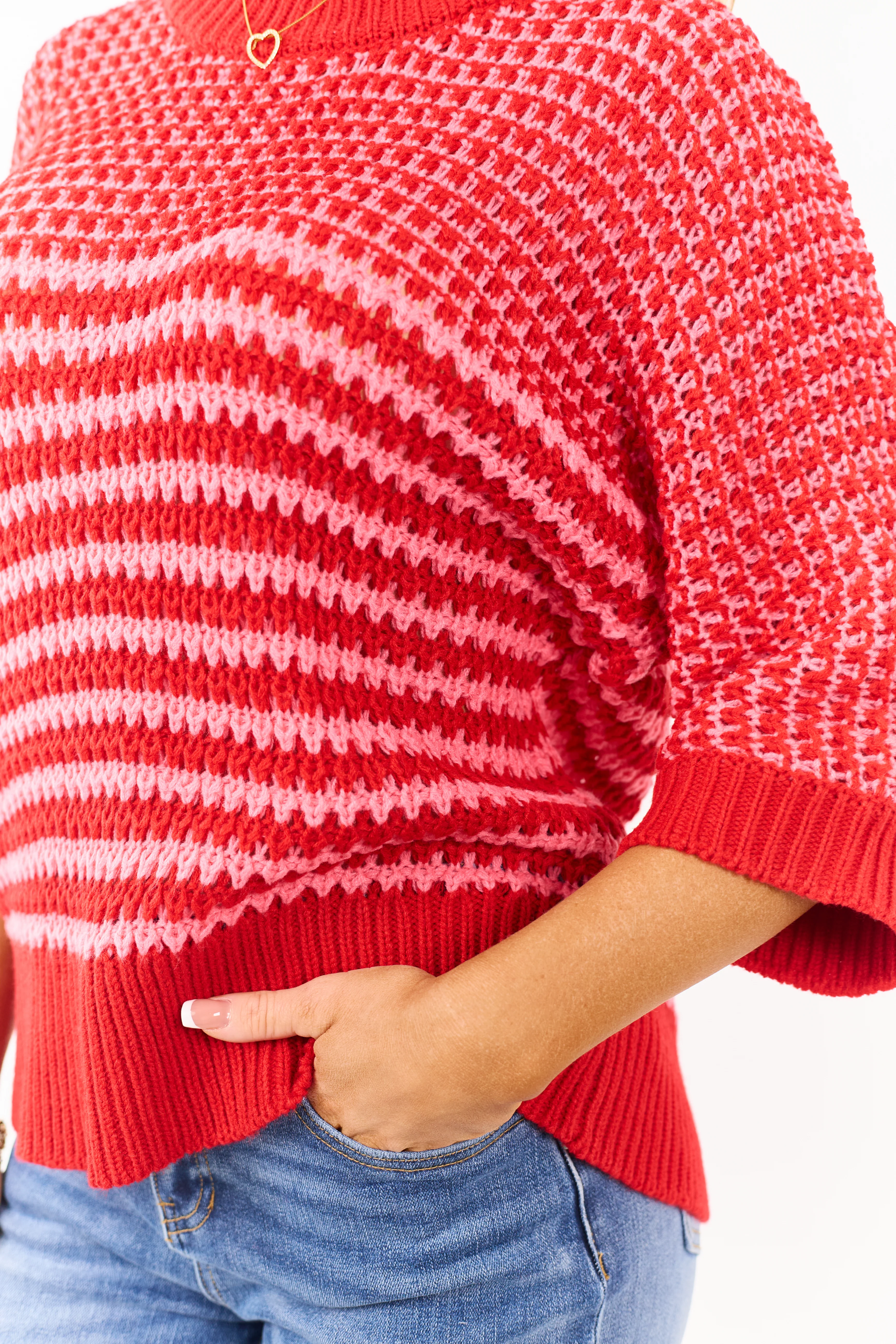 Ruby Two Tone Open Knit Drape Sleeve Slouchy Sweater - Image 6