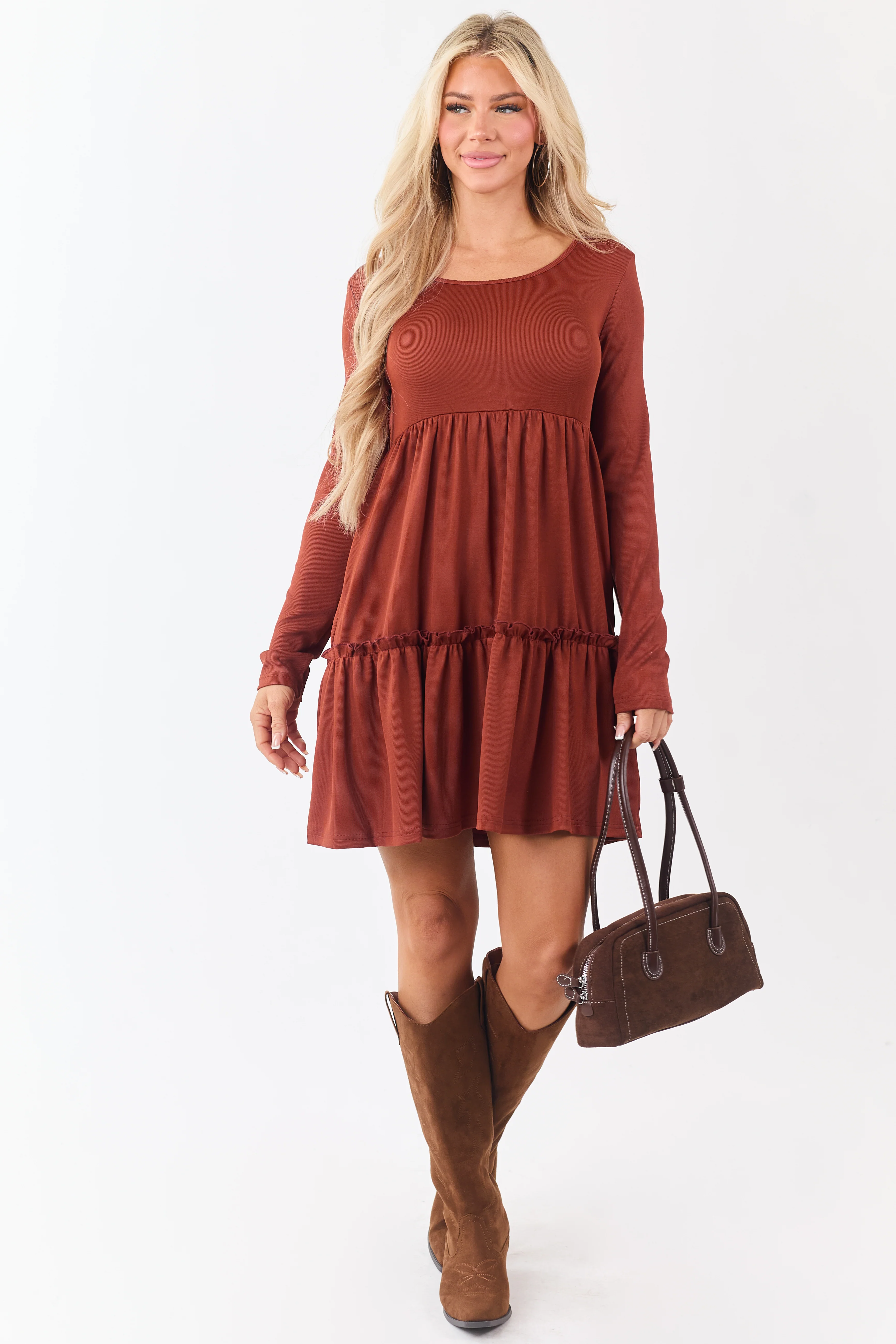 Rust Long Sleeve Frill Tiered Mini Dress - Image 3