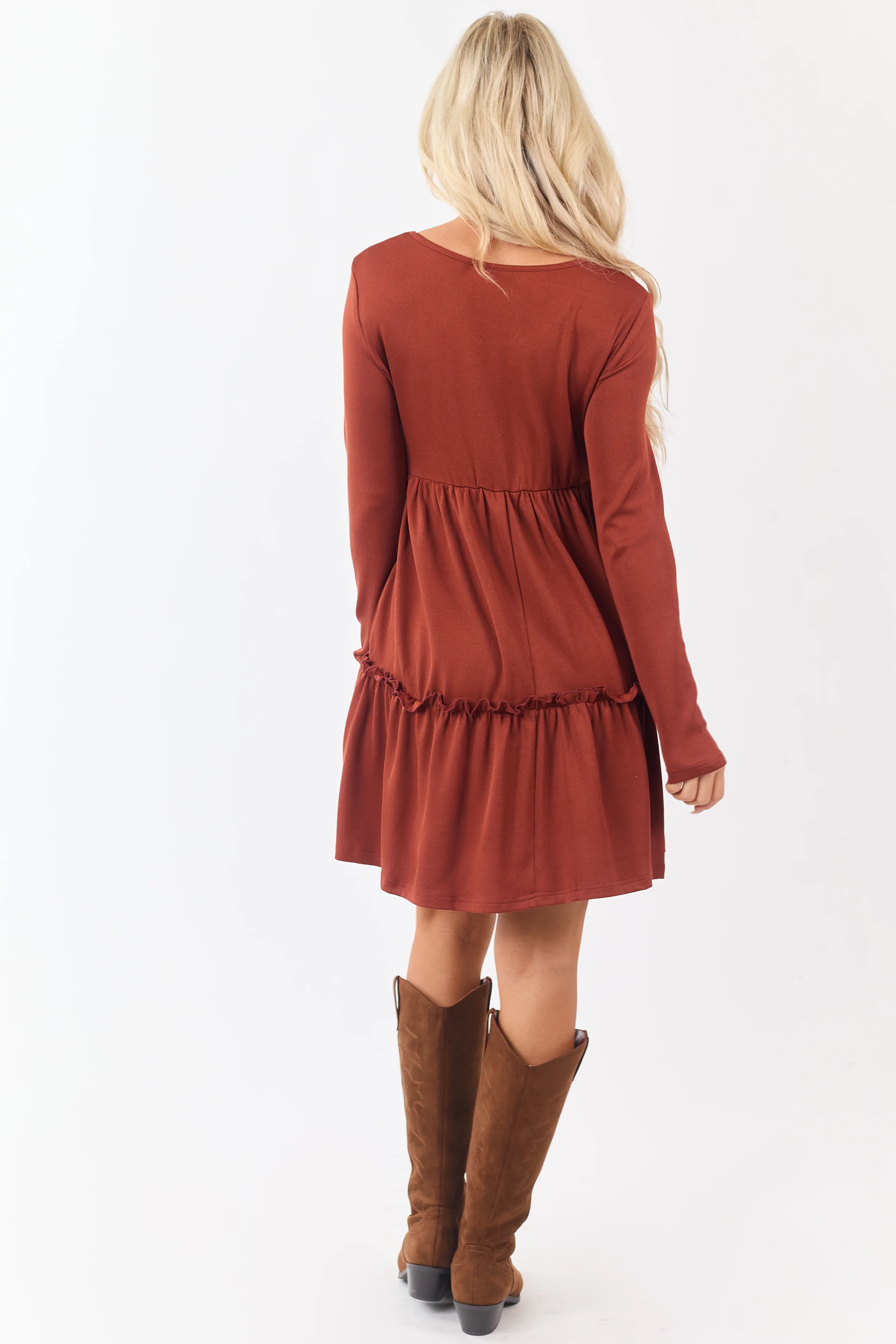 Rust Long Sleeve Frill Tiered Mini Dress - Image 5