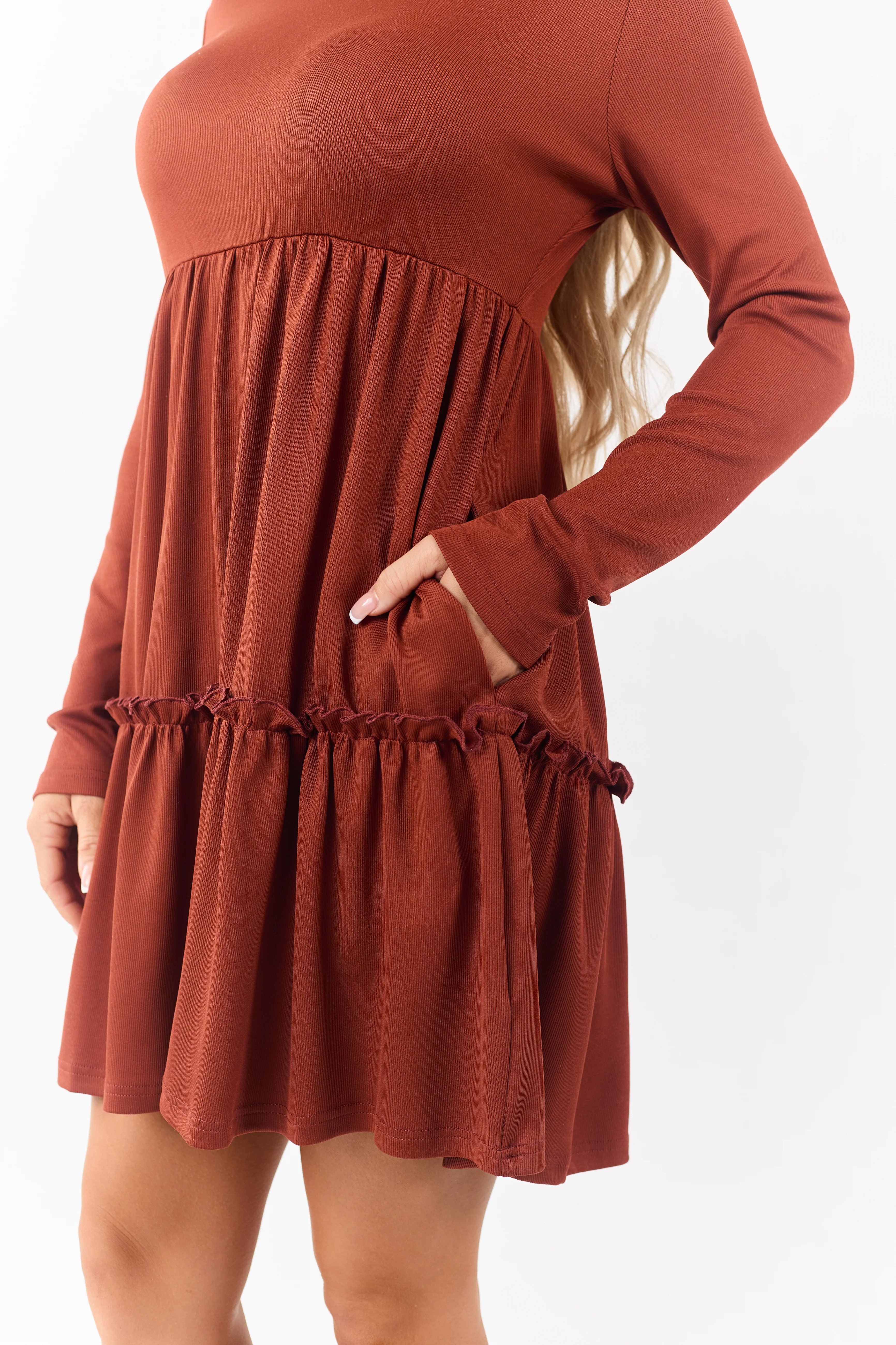 Rust Long Sleeve Frill Tiered Mini Dress - Image 6