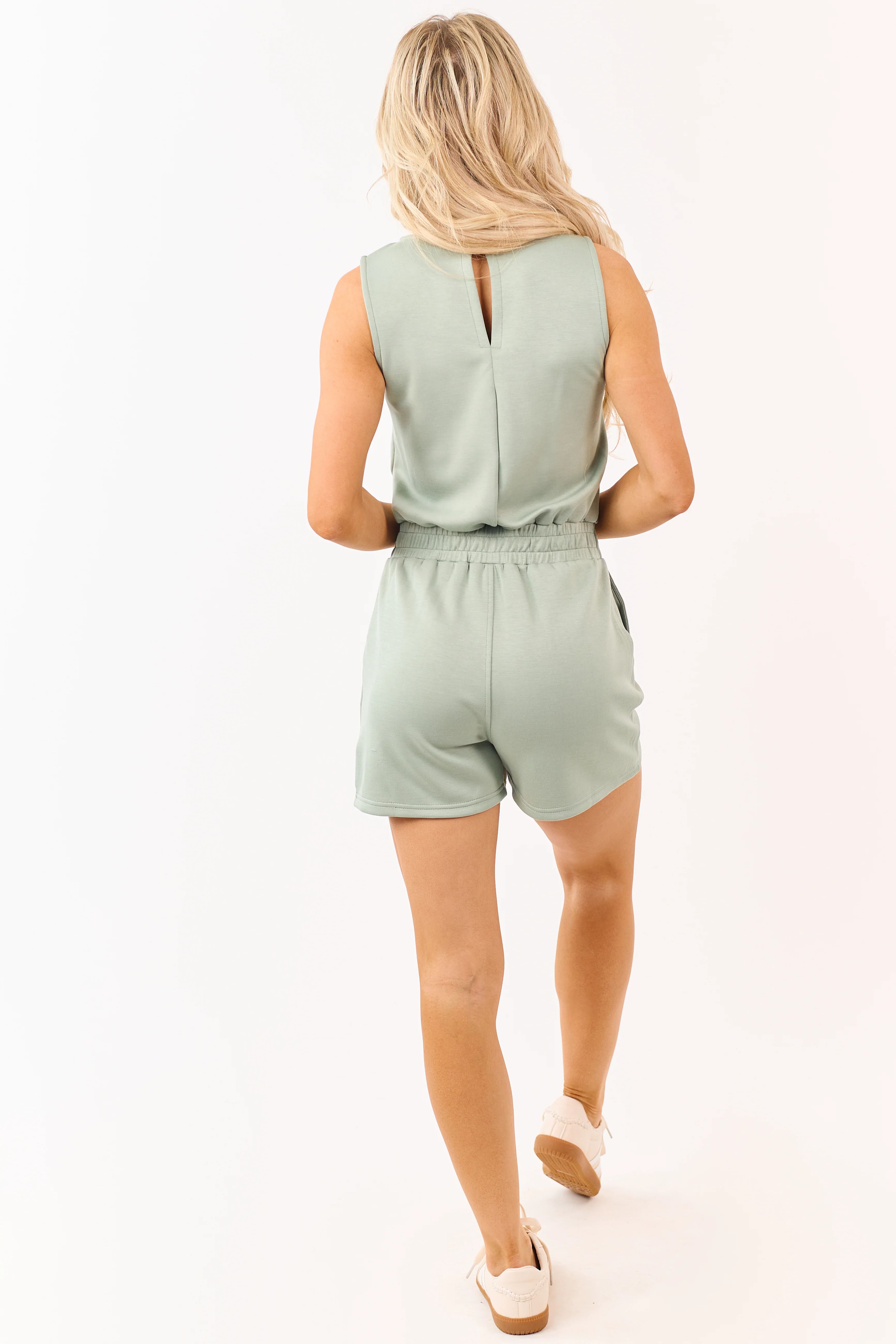 Sage Drawstring Waist Soft Sleeveless Knit Romper - Image 5